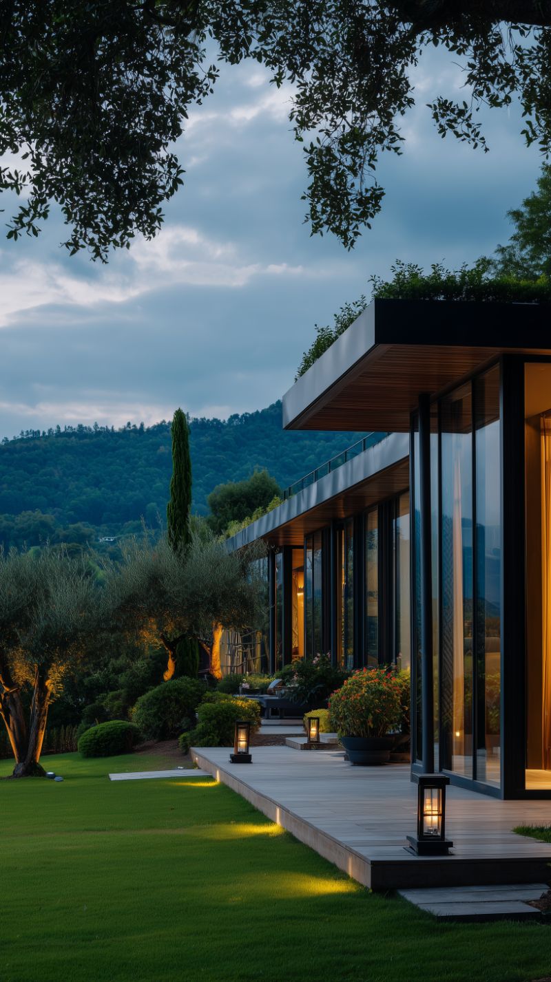 Modern glass villa at dusk in lush landscape