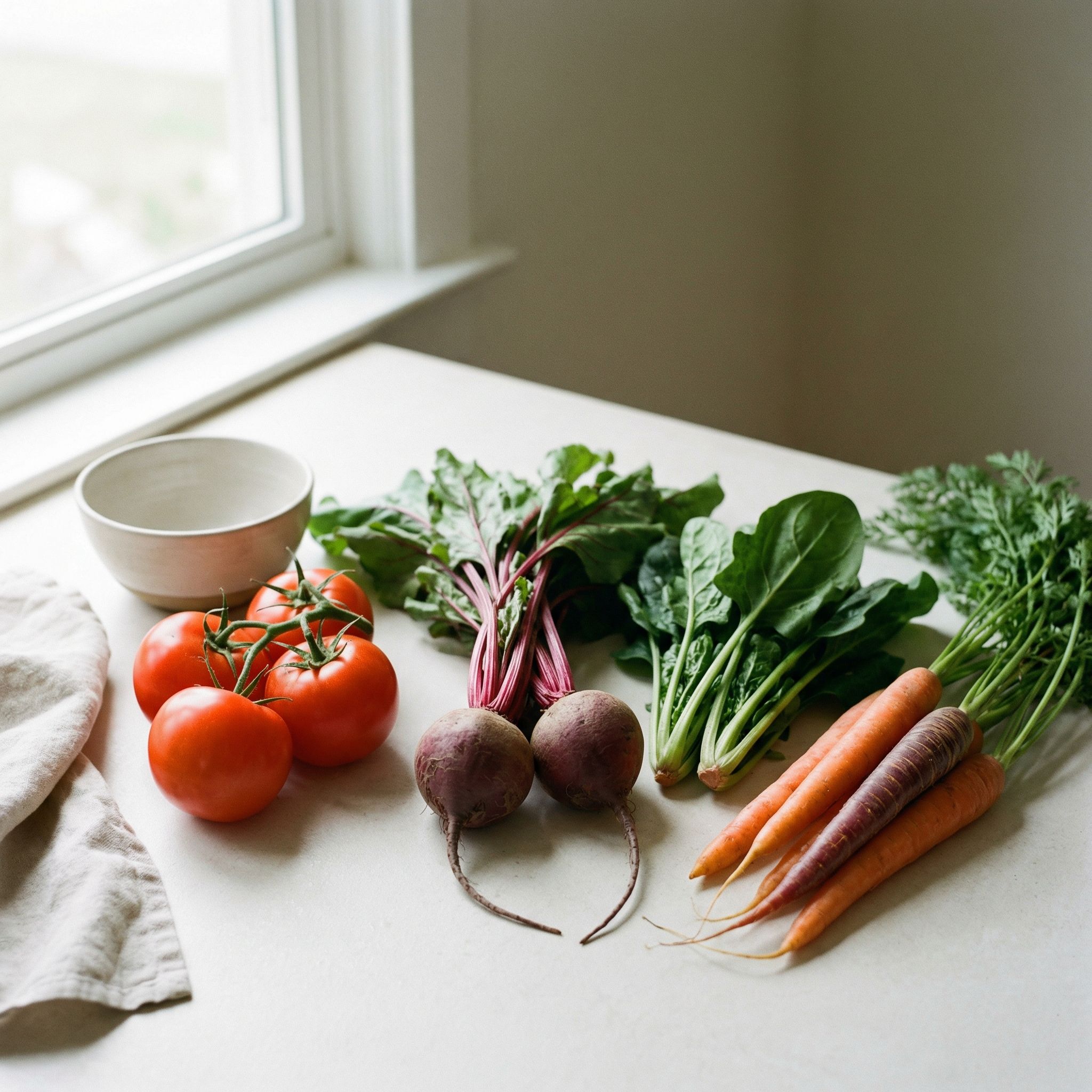 Fresh vegetables on bright kitchen counter