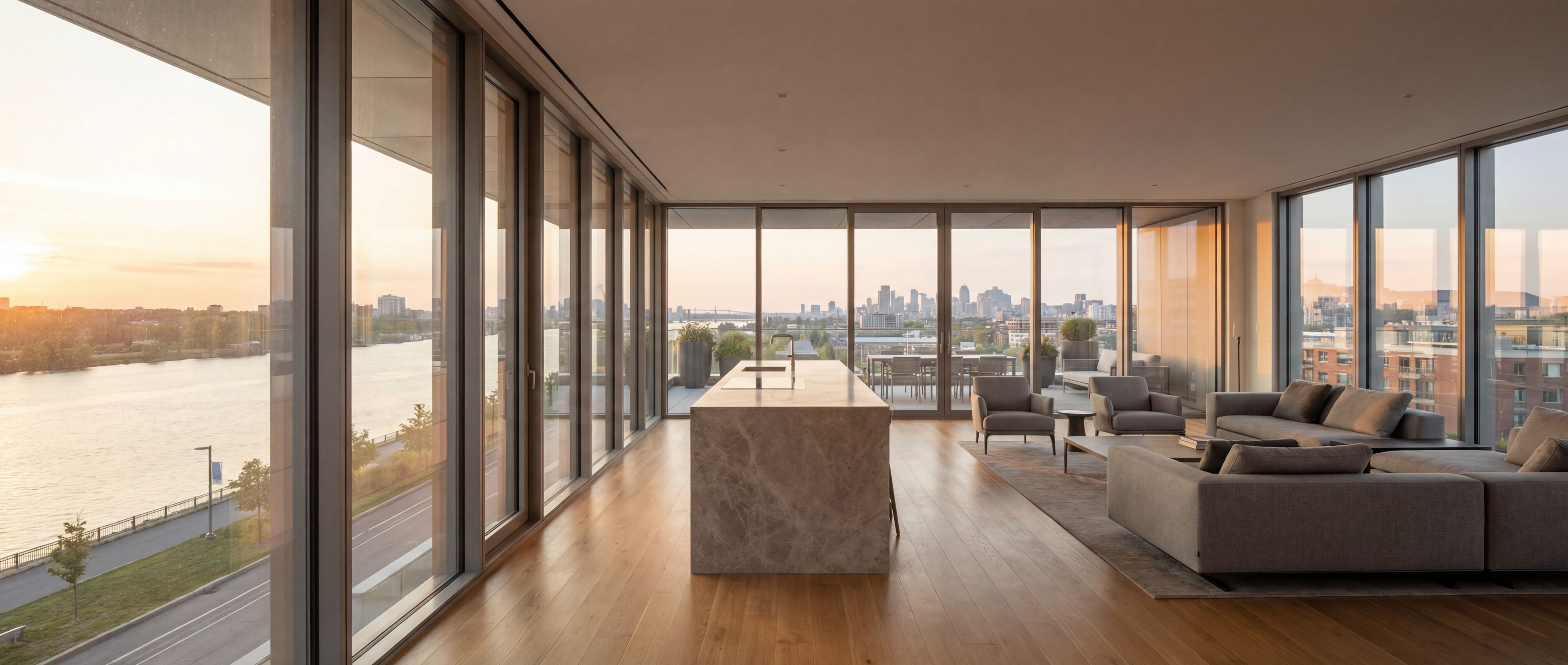 Modern penthouse living room with city view