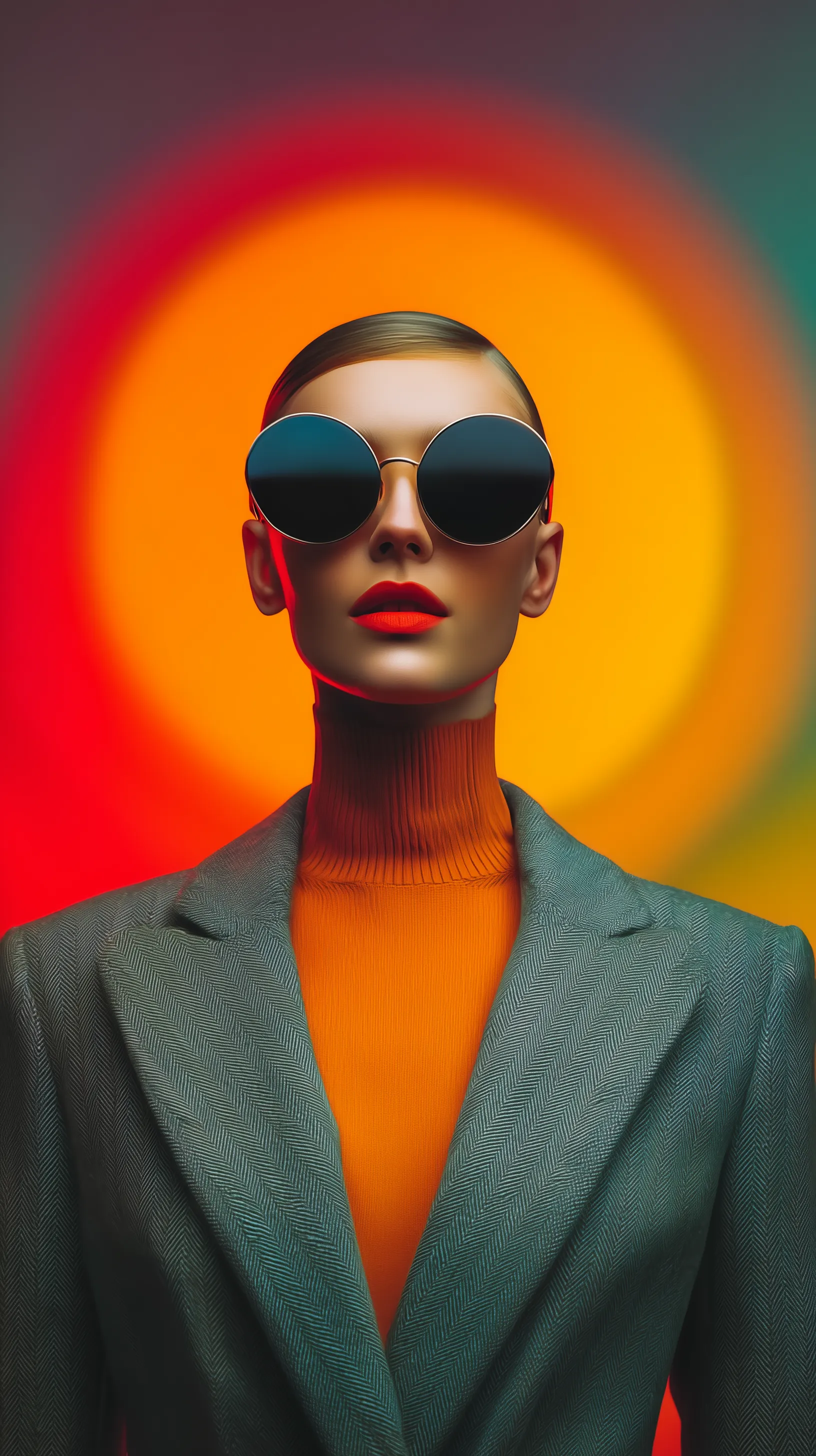 Futuristic woman in sunglasses with neon halo