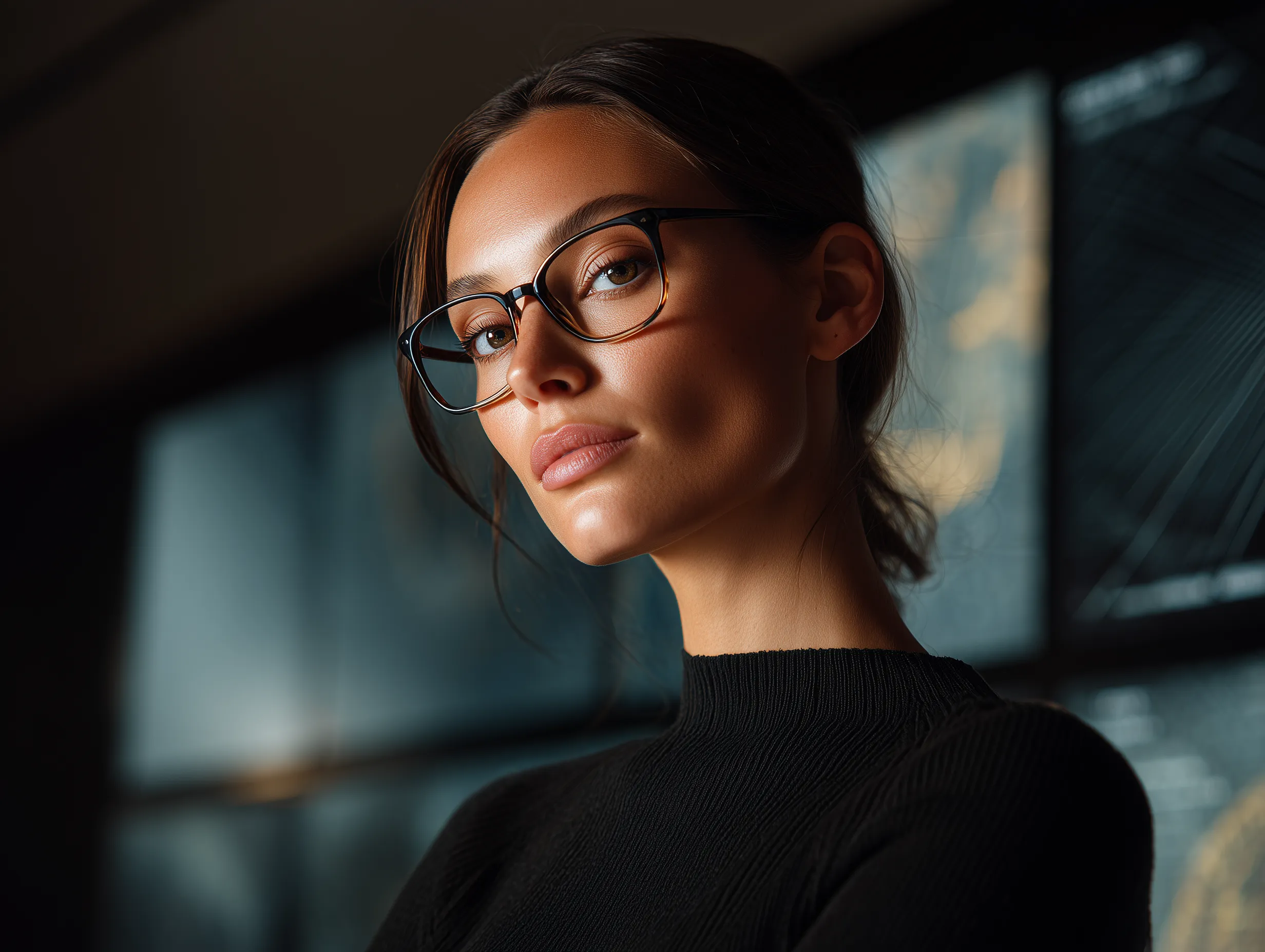 Confident woman with glasses in modern office