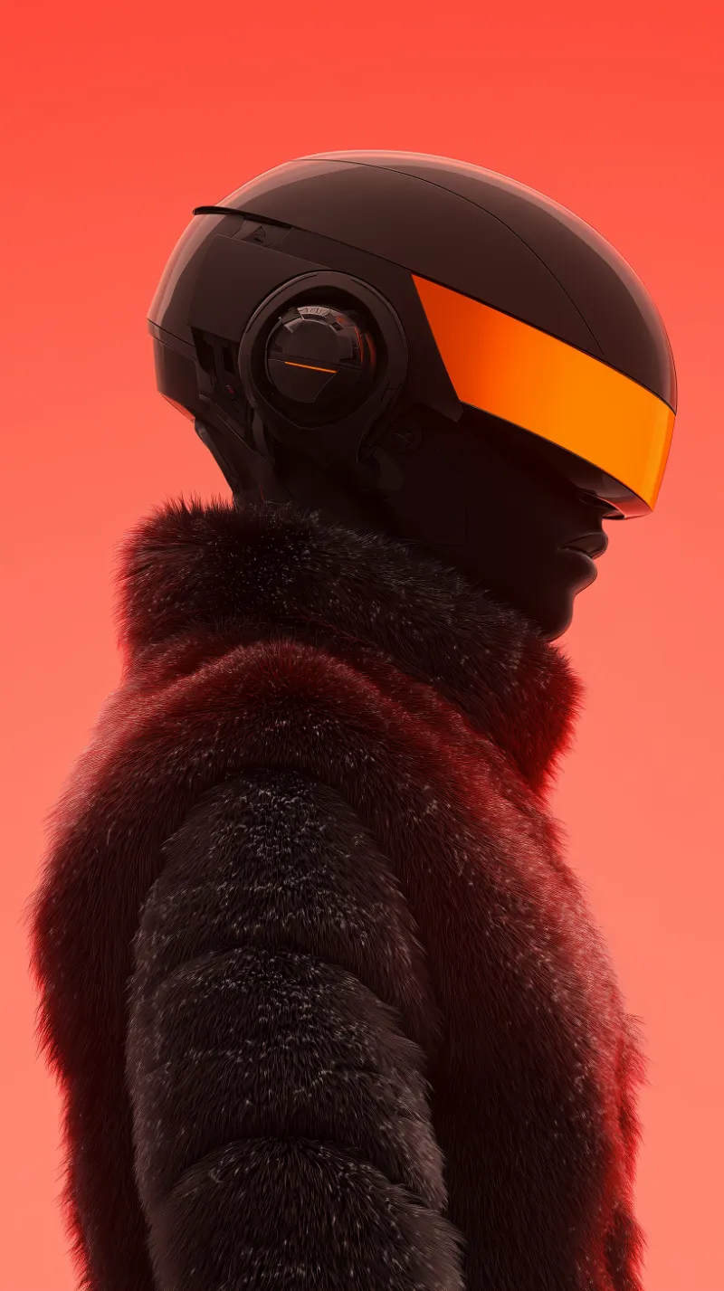 Futuristic Figure in Helmet and Fur Coat