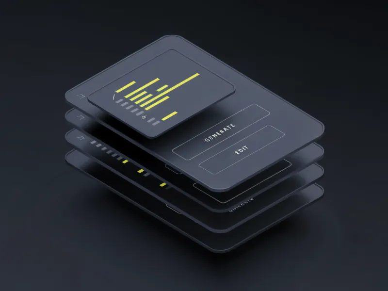 3D stacked dark UI cards with neon yellow analytics