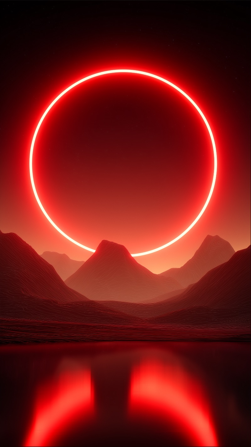 Neon Red Eclipse Over Alien Mountains