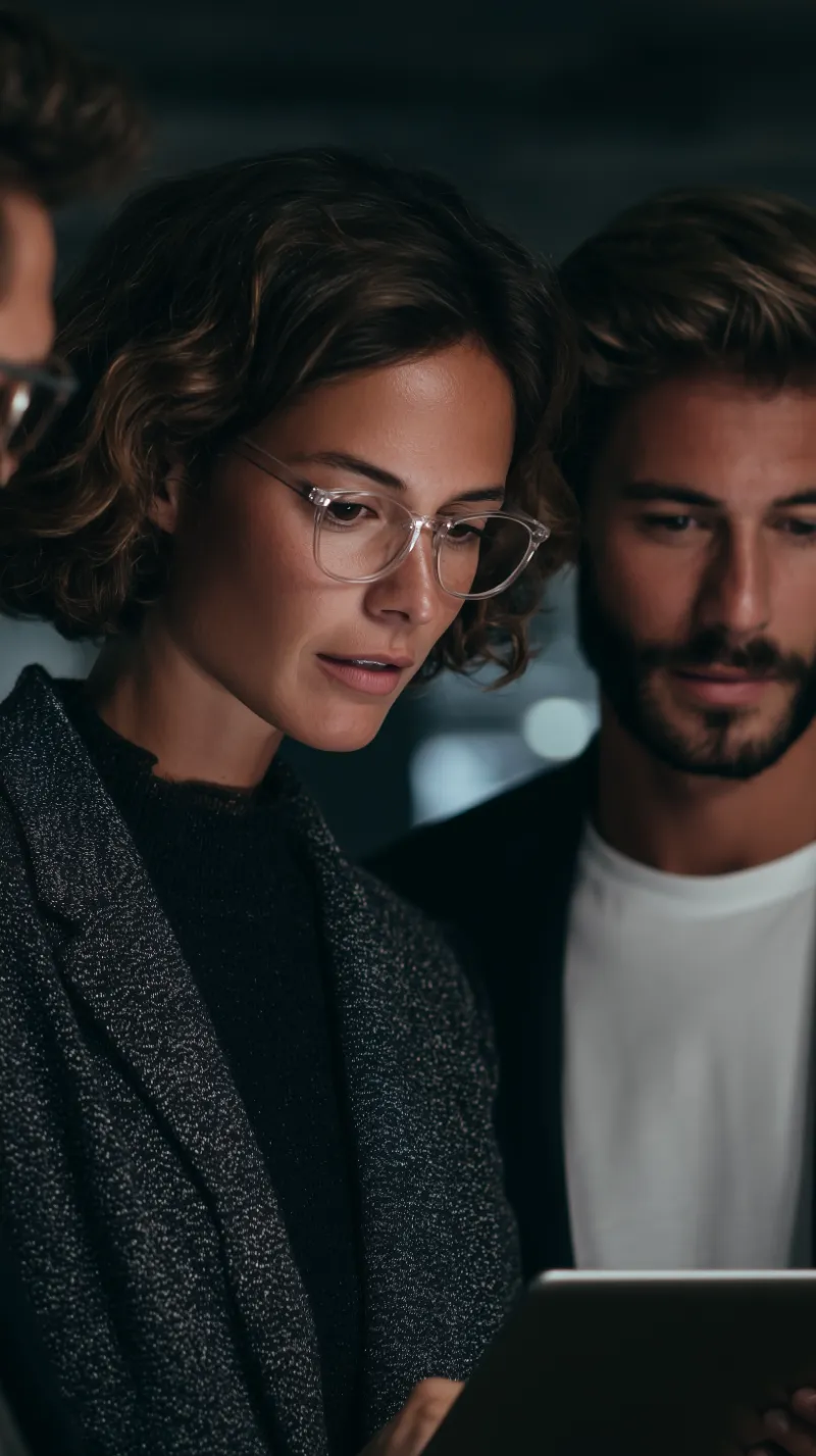 Focused professionals reviewing data on laptop