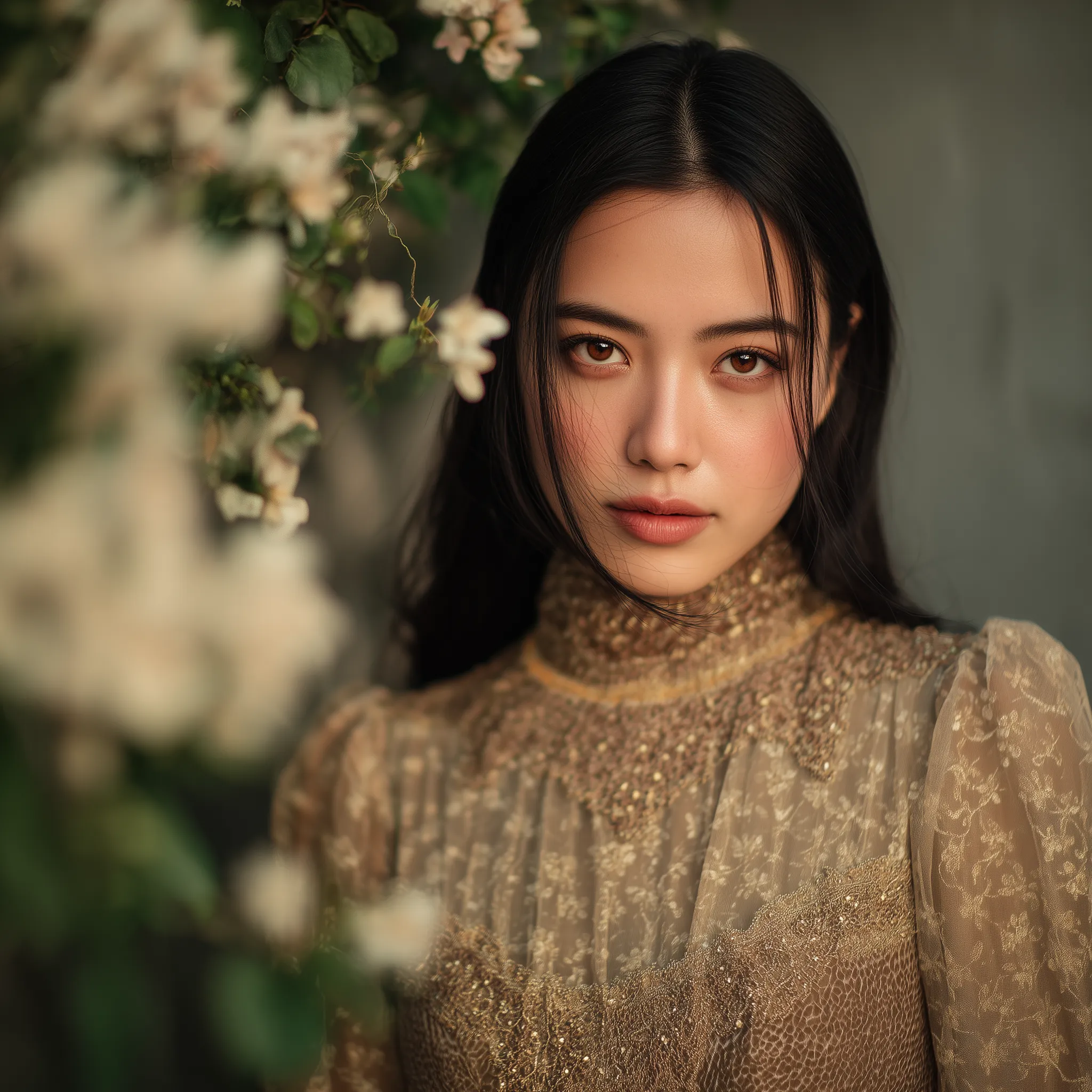 Elegant Portrait with Soft Floral Bokeh