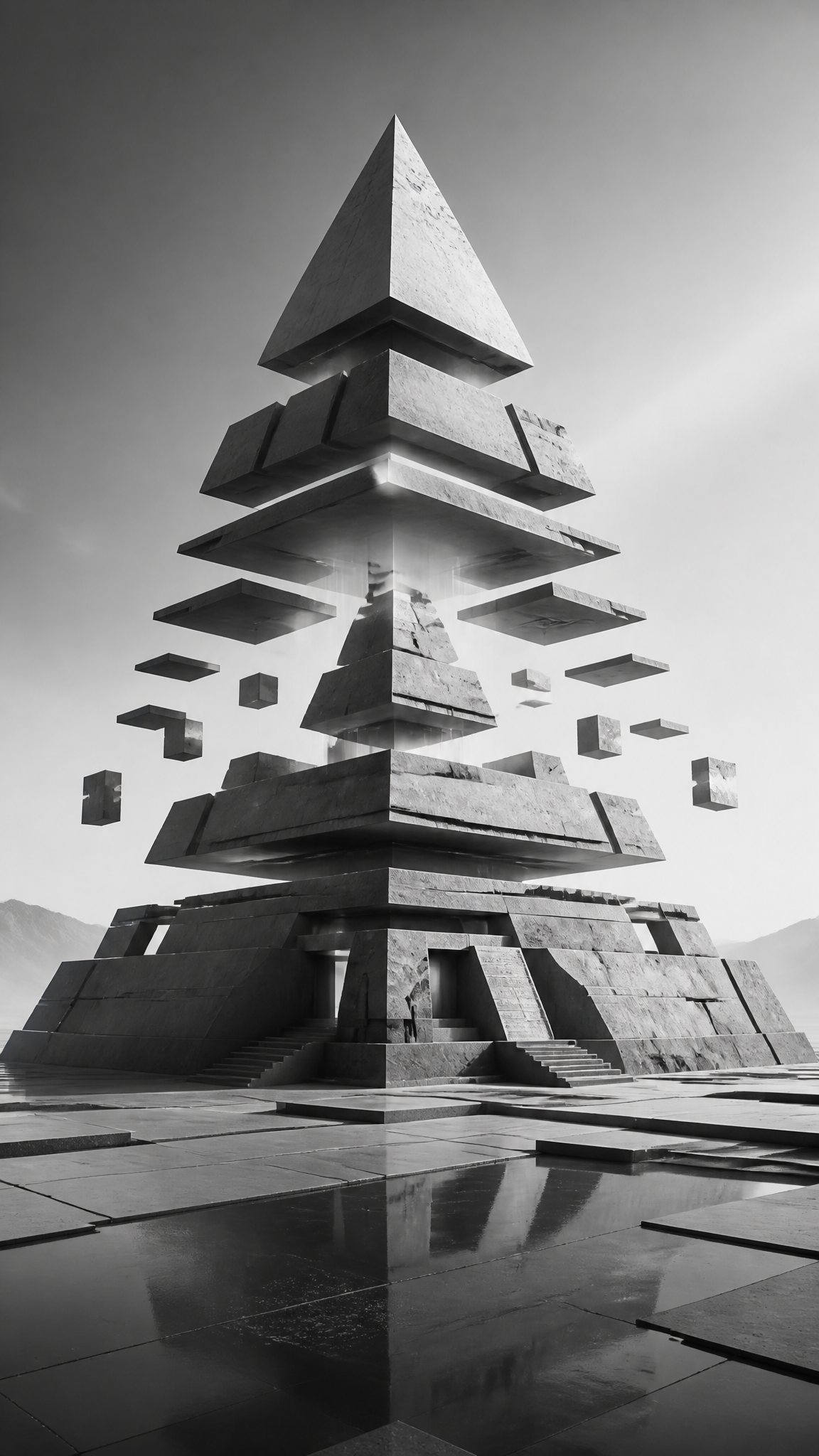 Futuristic deconstructed pyramid in grayscale