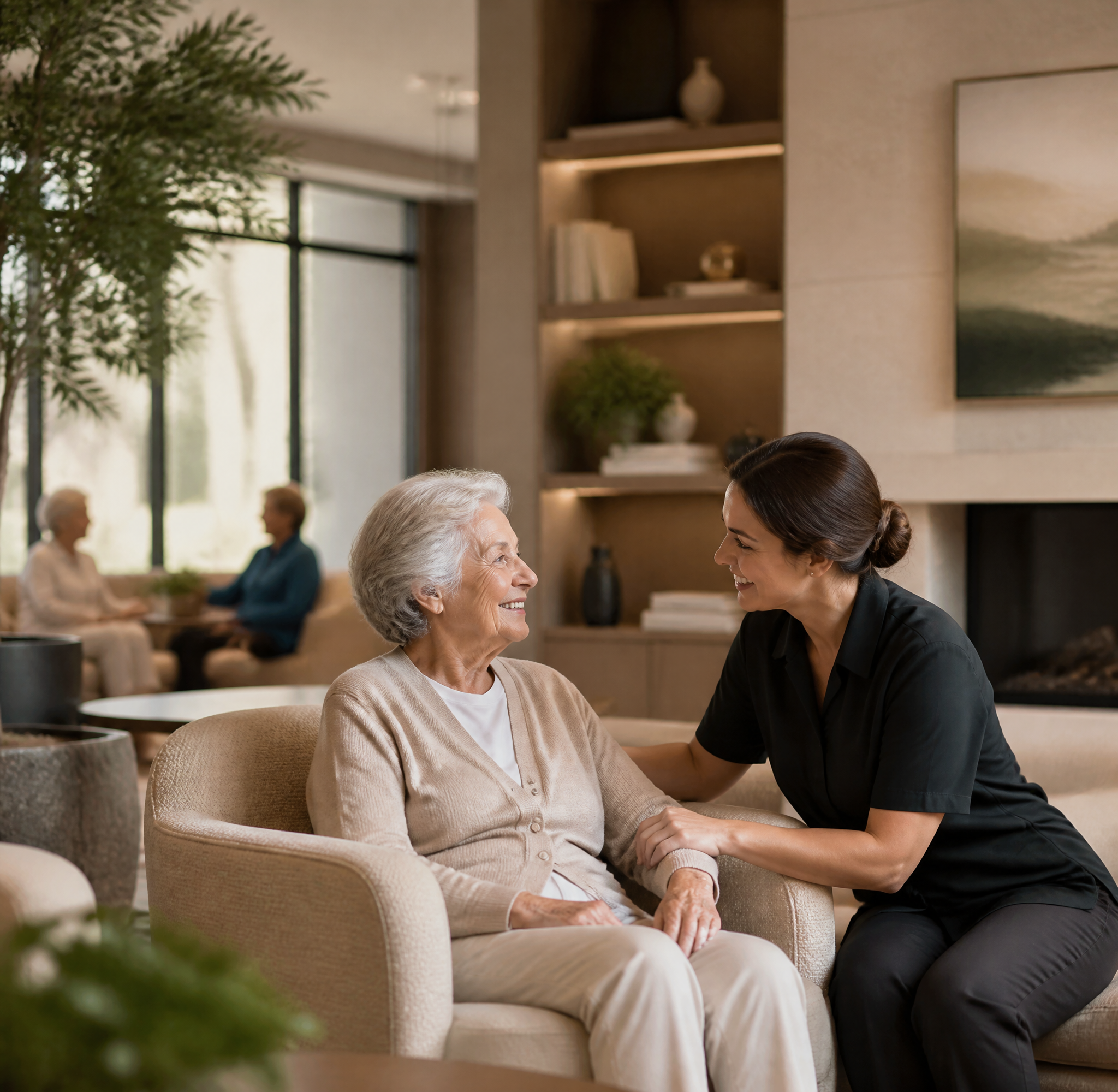 Caregiver and Senior Woman in Modern Living Room