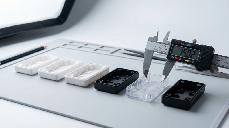 Prototipovi brizganja plastike male serije - beli crni i providni plastični delovi sa digitalnim merilom za kontrolu kvaliteta