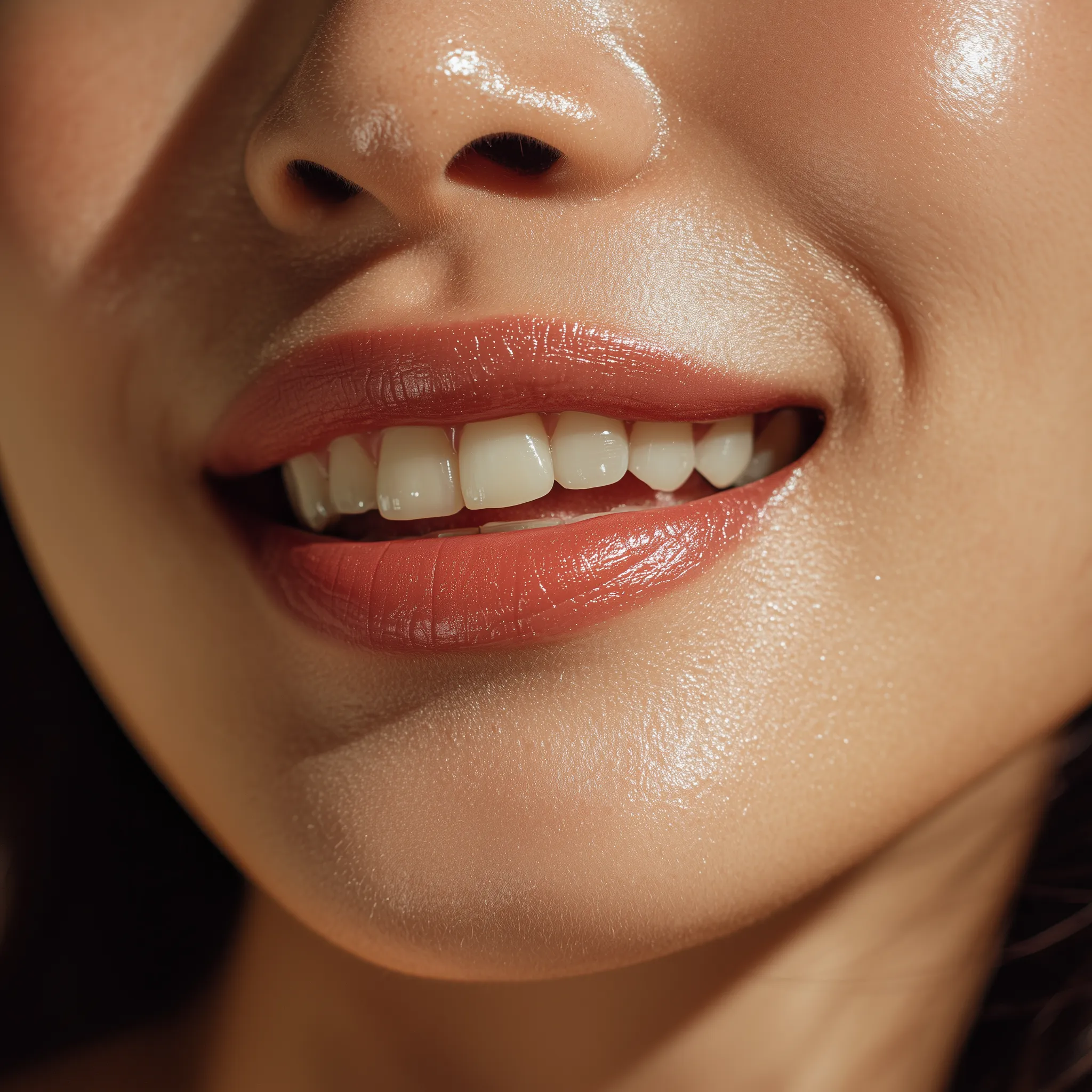 Close-up of smiling glossy lips and teeth