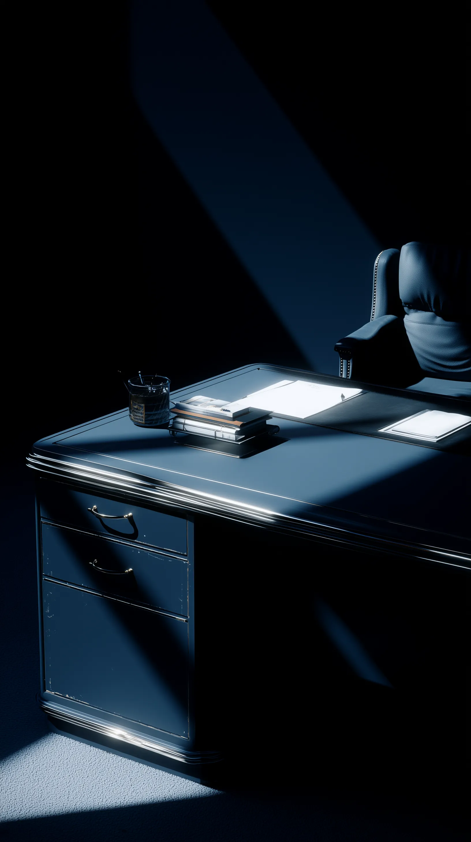 Dramatic light on empty office desk