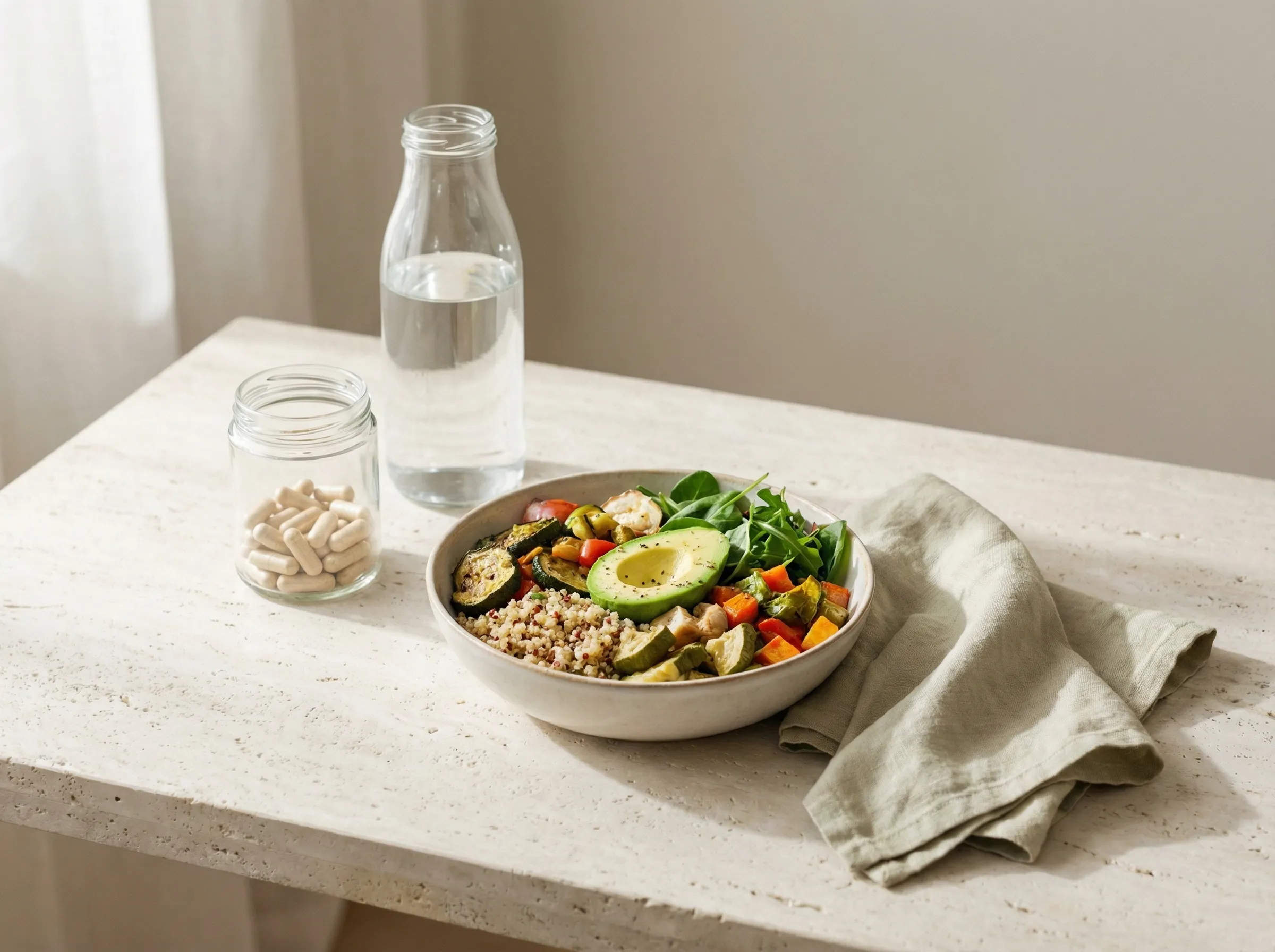 Healthy lunch bowl with water and supplements