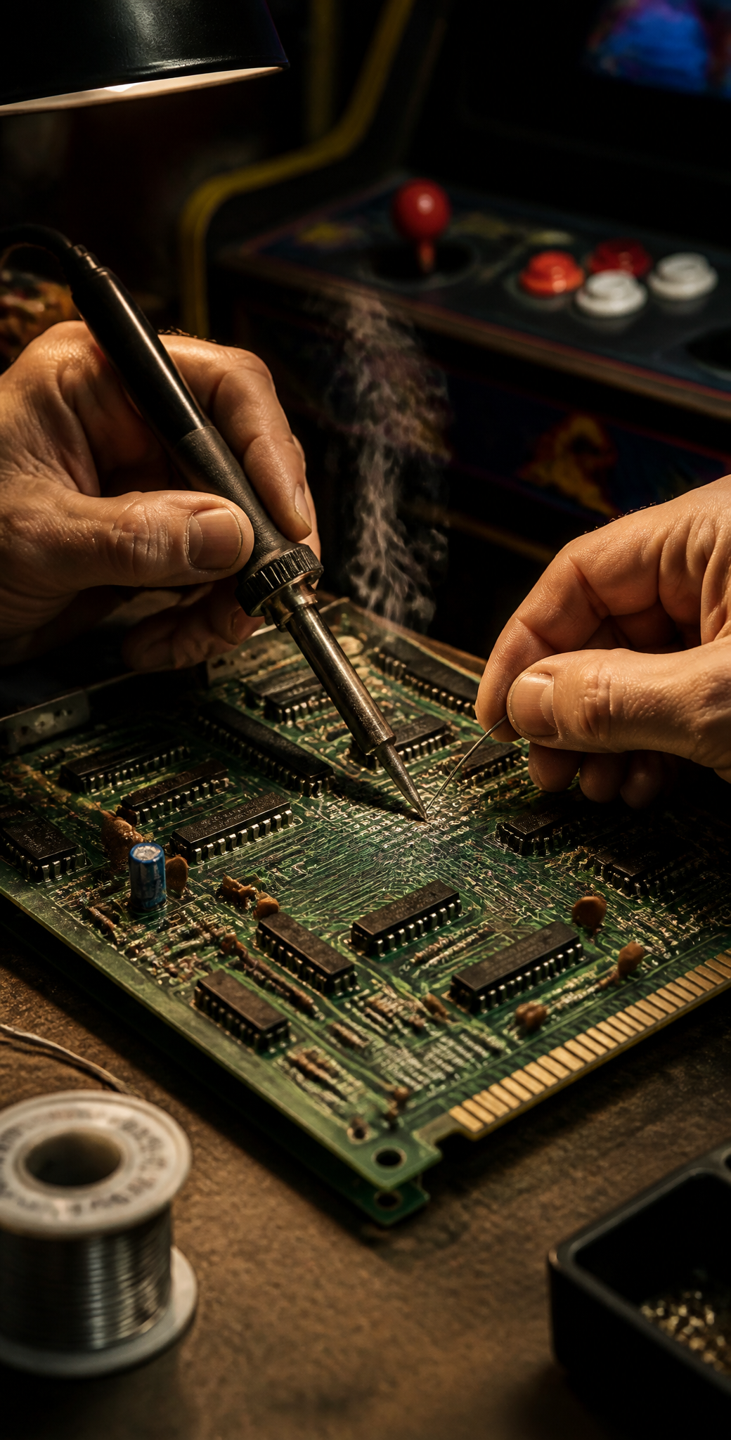 Hands soldering a vintage arcade circuit board