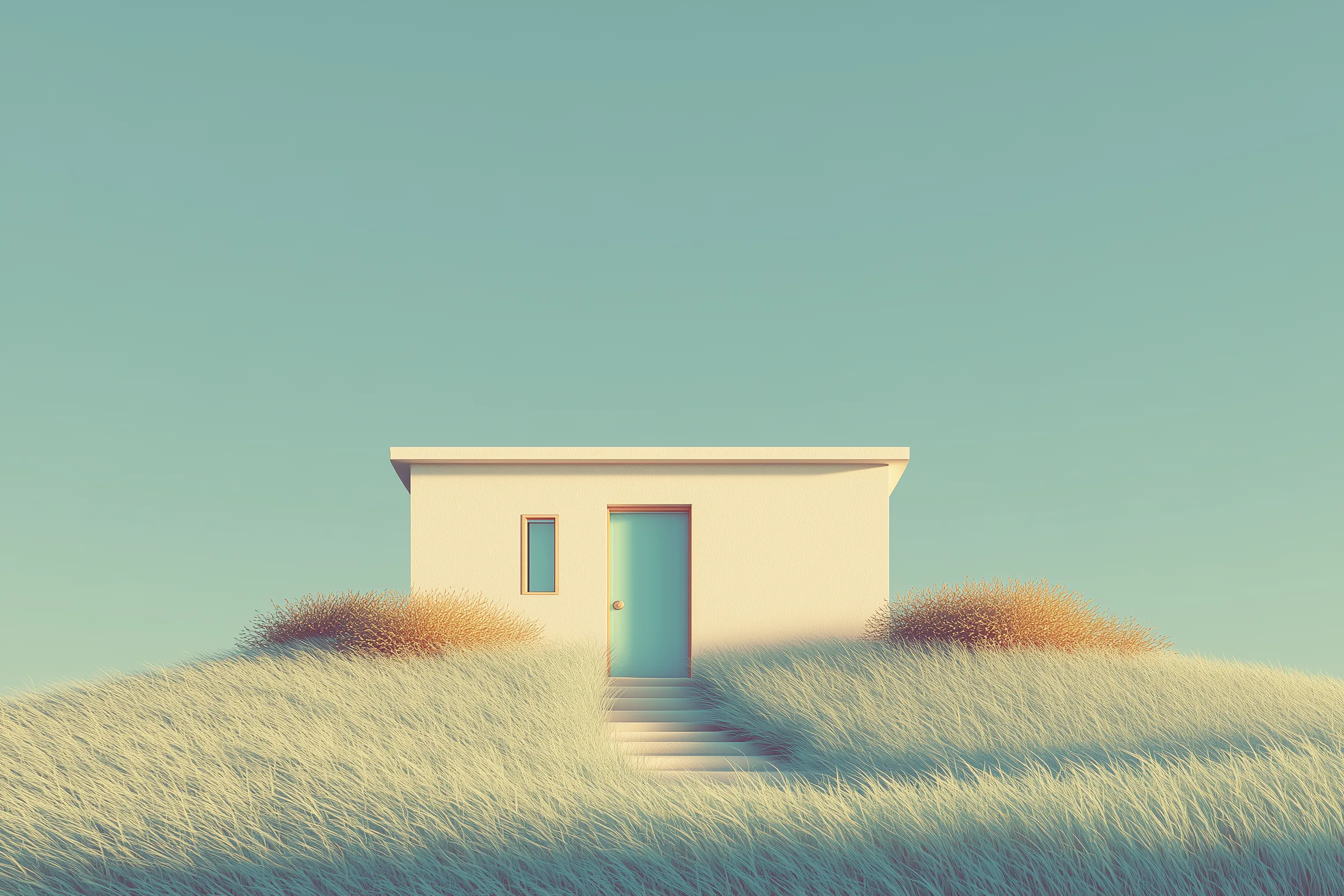 Minimalist house on pastel grassy hill
