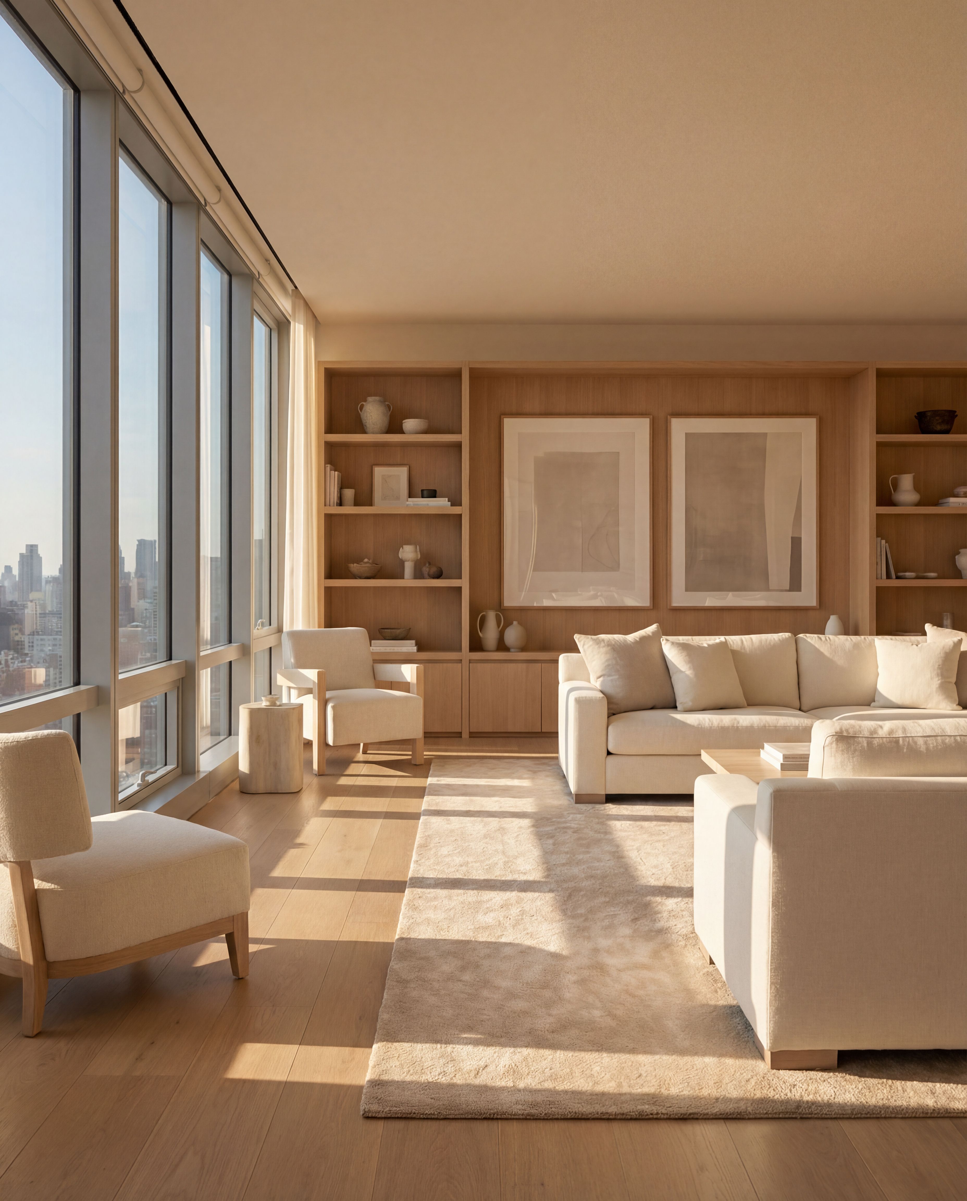 Sunlit Minimalist Living Room with City View