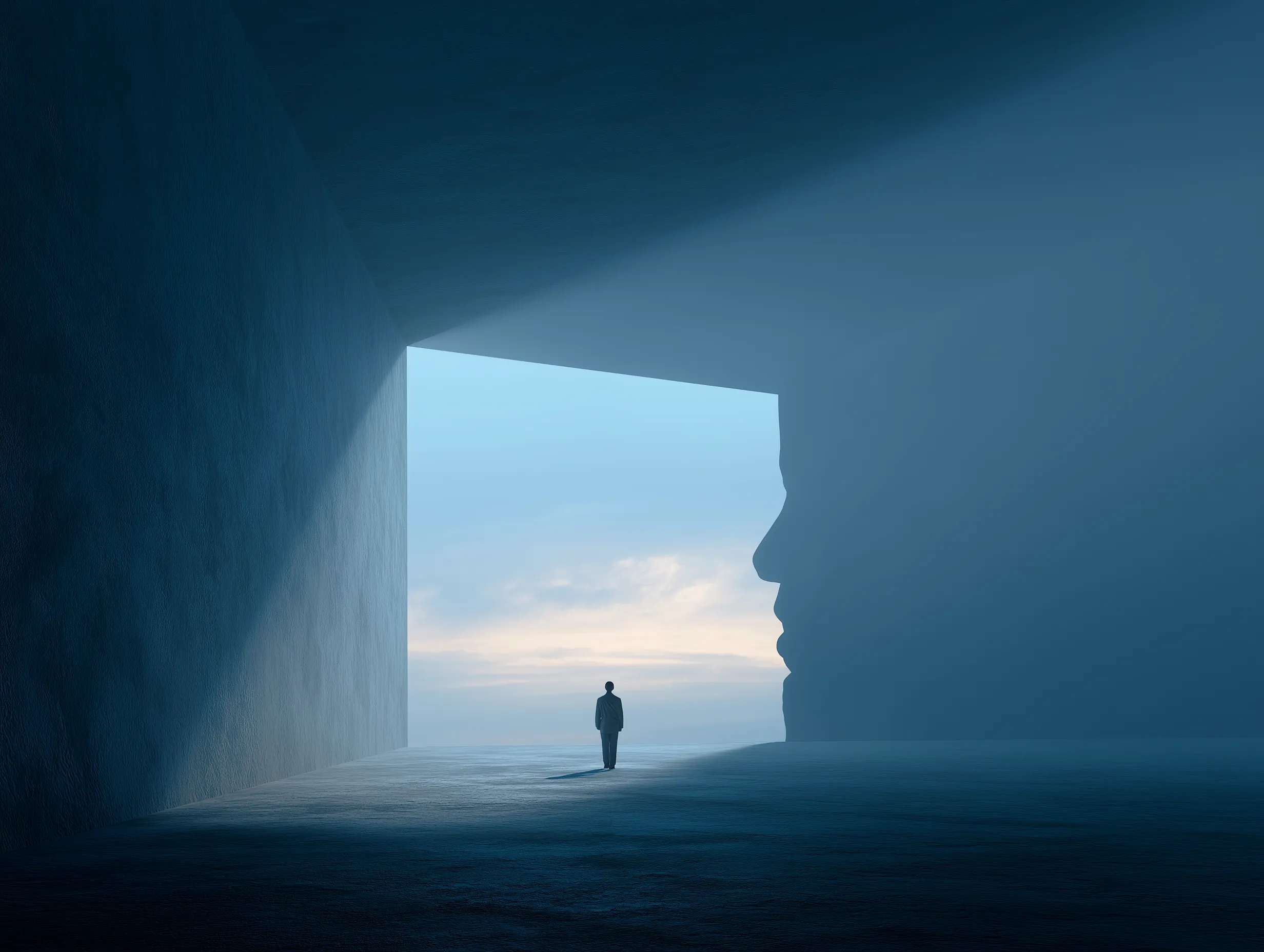 Minimalist Surreal Man Facing Profile Shadow Horizon