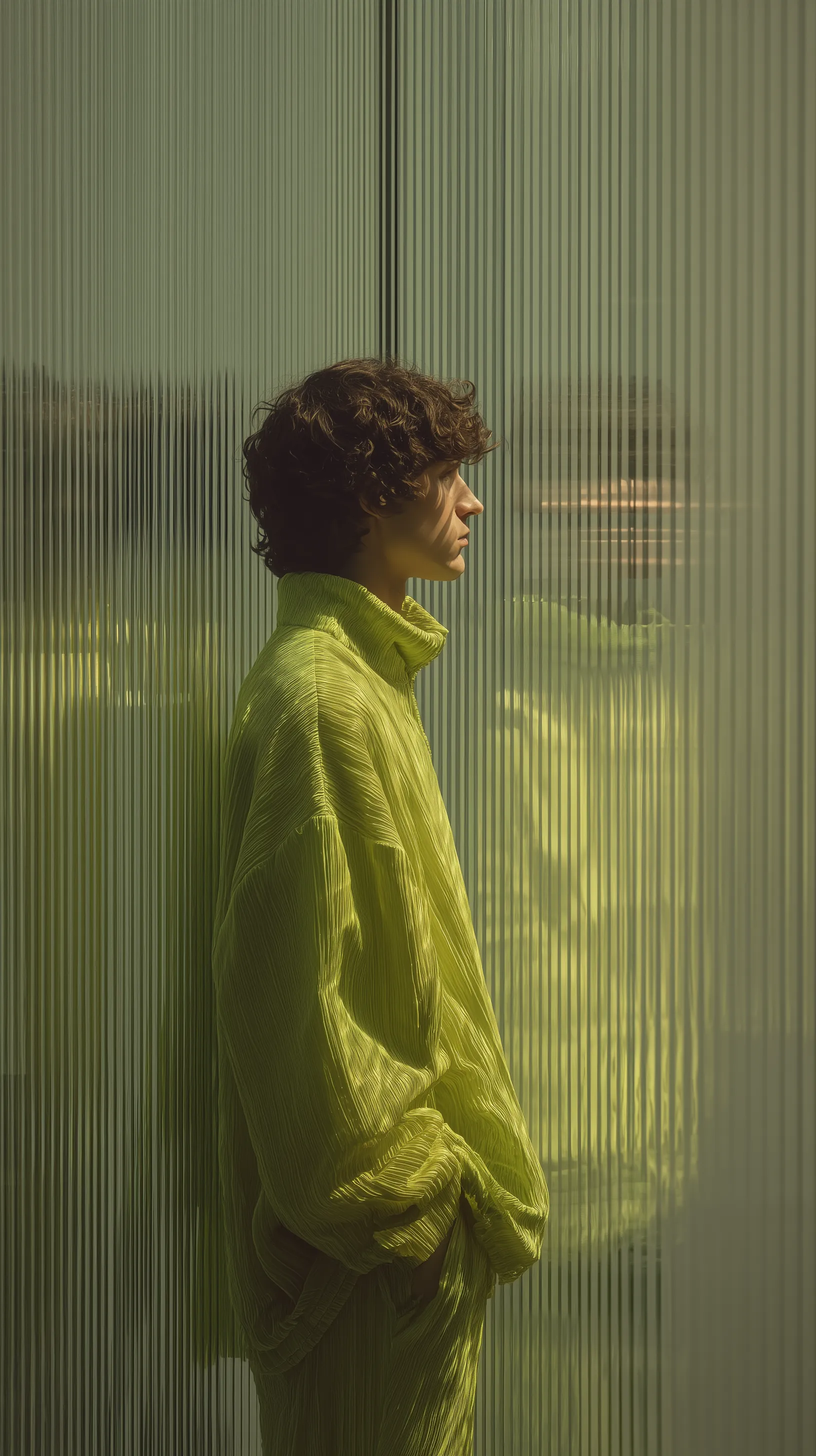 Profile portrait by textured glass wall