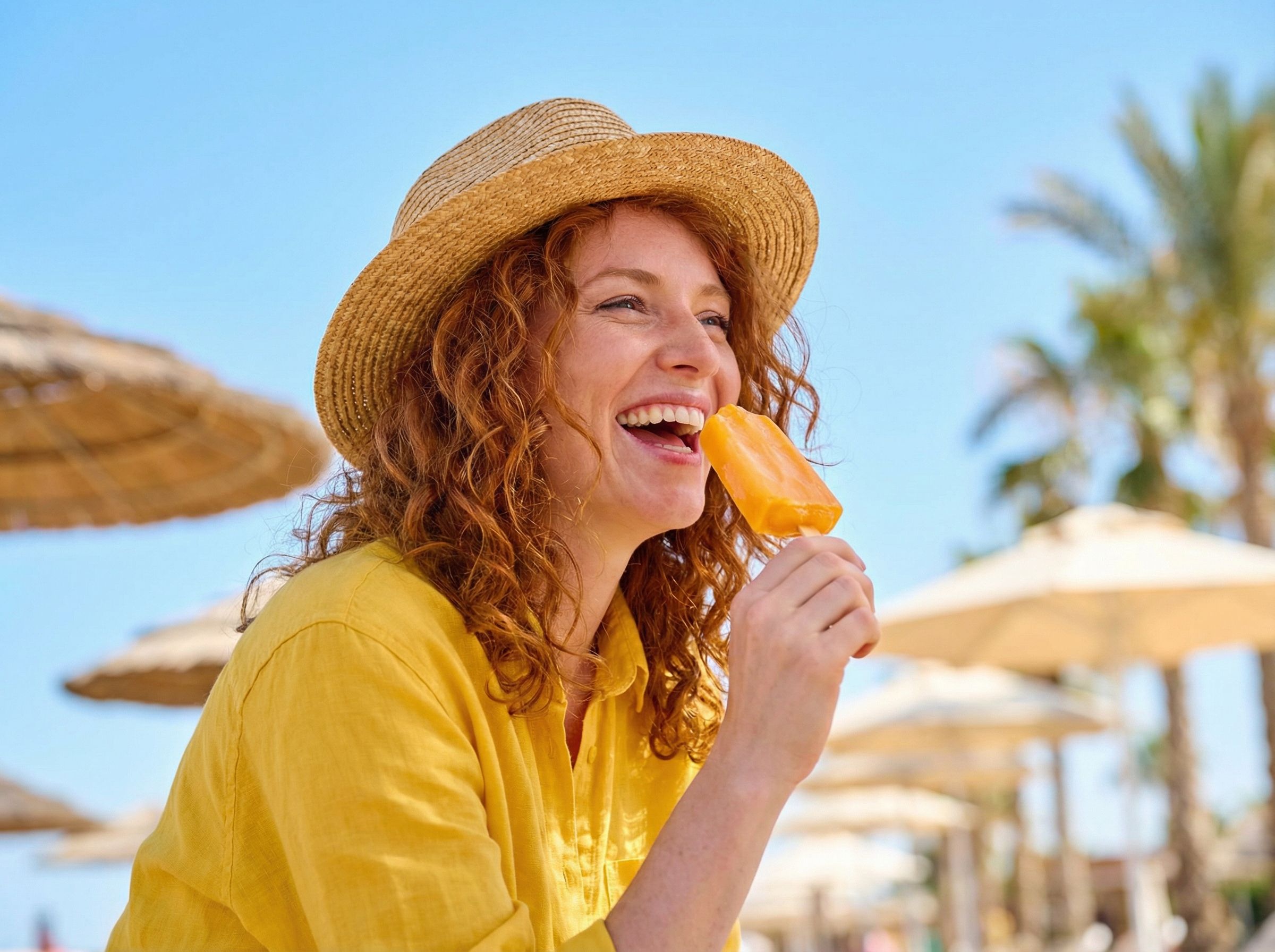 Woman enjoying ice pop on sunny beach