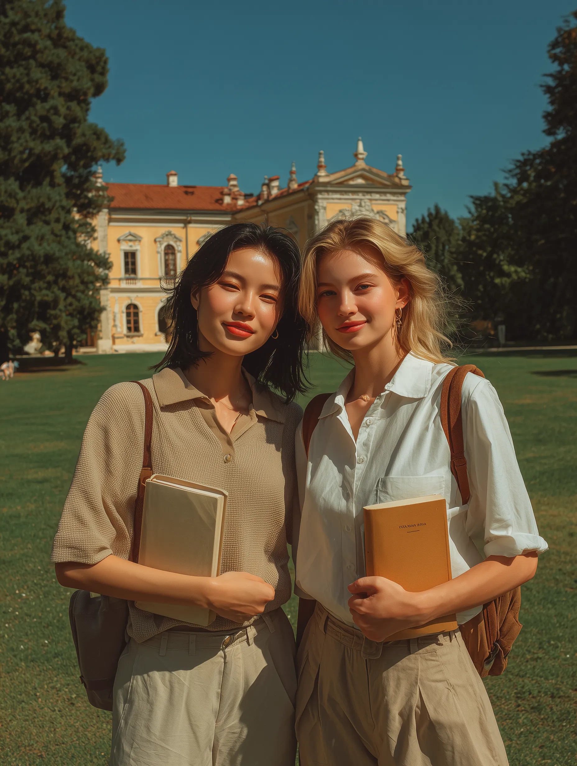 Two students standing on sunny campus lawn