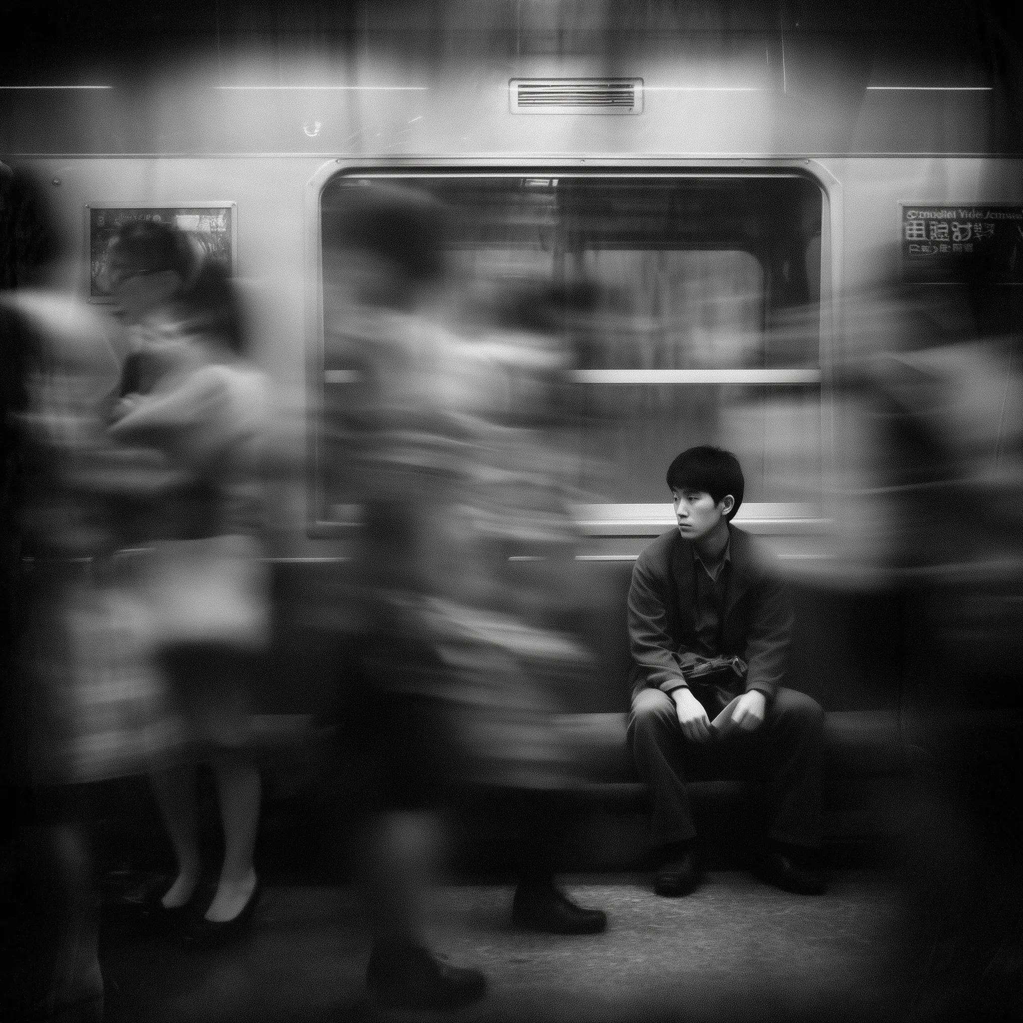 Solitary commuter on blurred subway platform