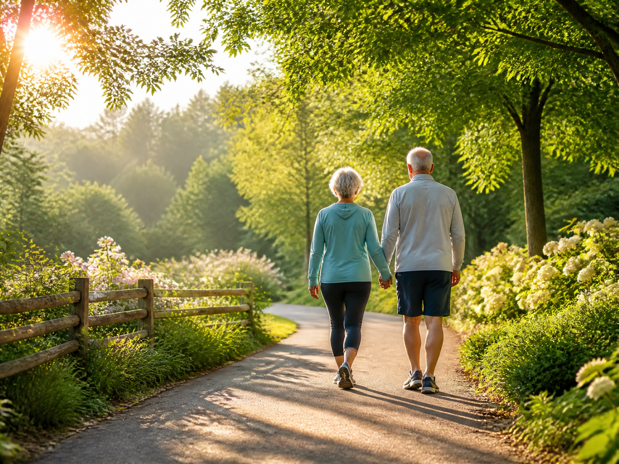 Sunny morning walking path surrounded by nature