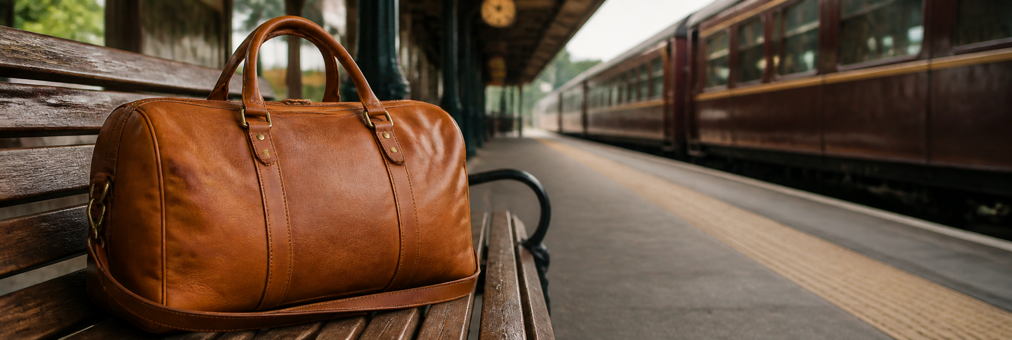 Cognac leather duffle bag on a bench at a train platform
