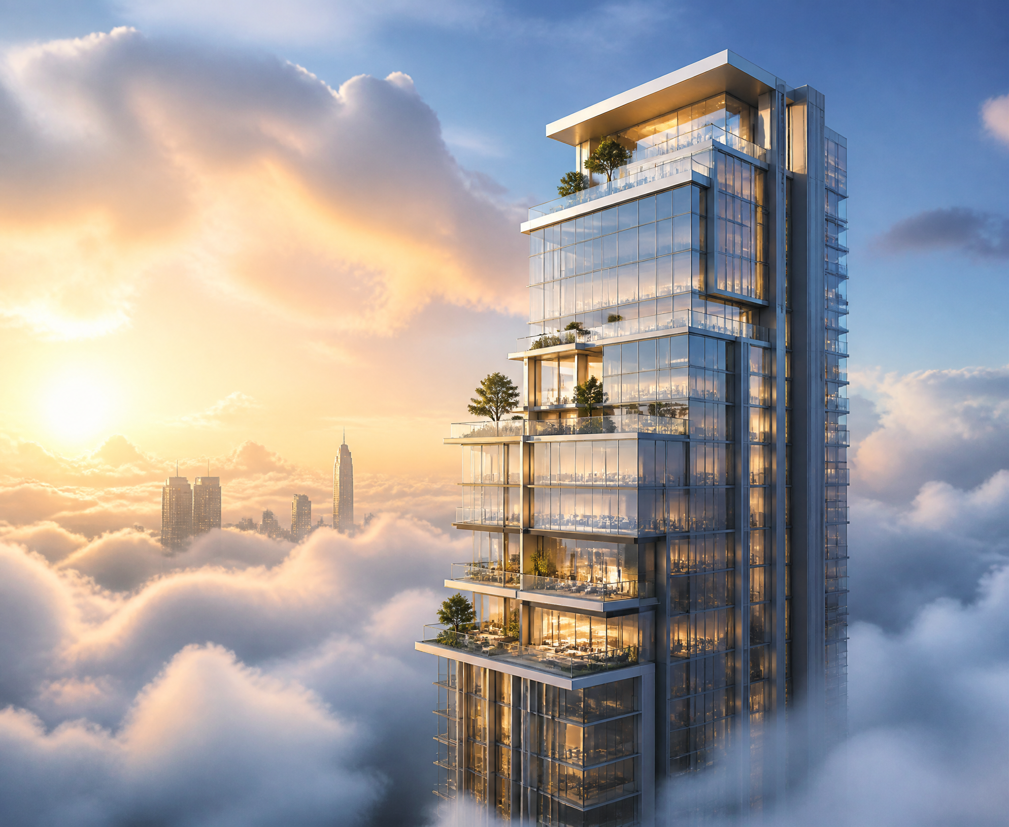 Futuristic Glass Skyscraper Above the Clouds at Sunset