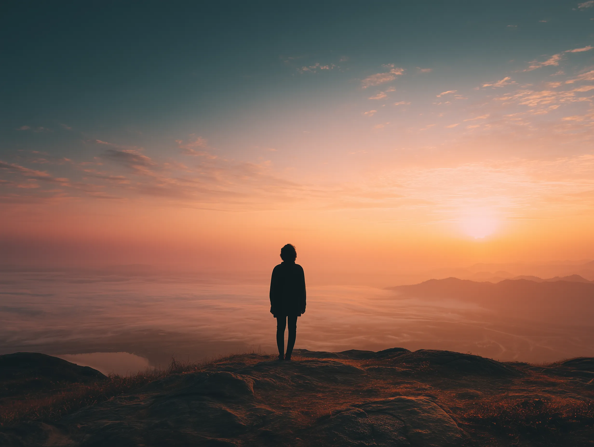 Silhouette at Sunrise Over Misty Mountains
