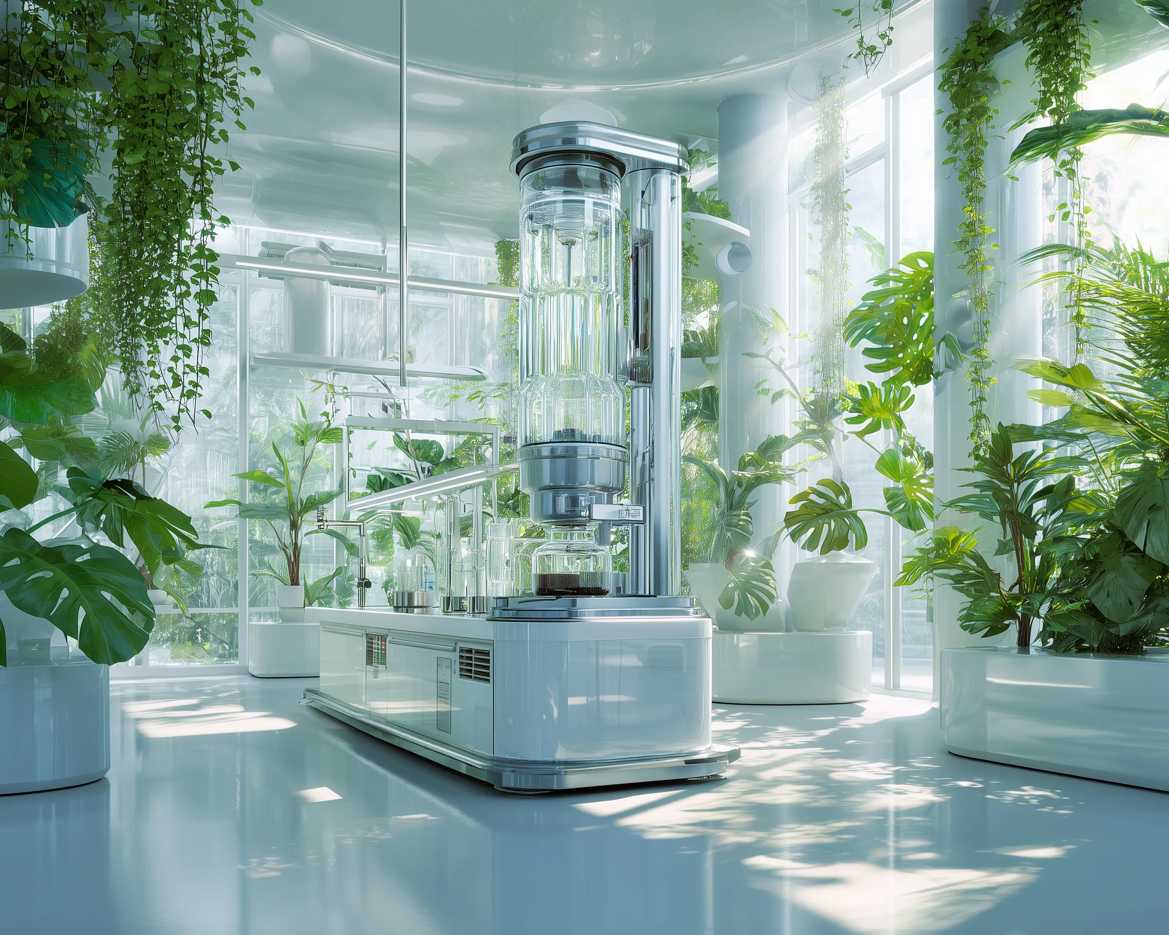 Futuristic Biotech Lab in Lush Greenhouse