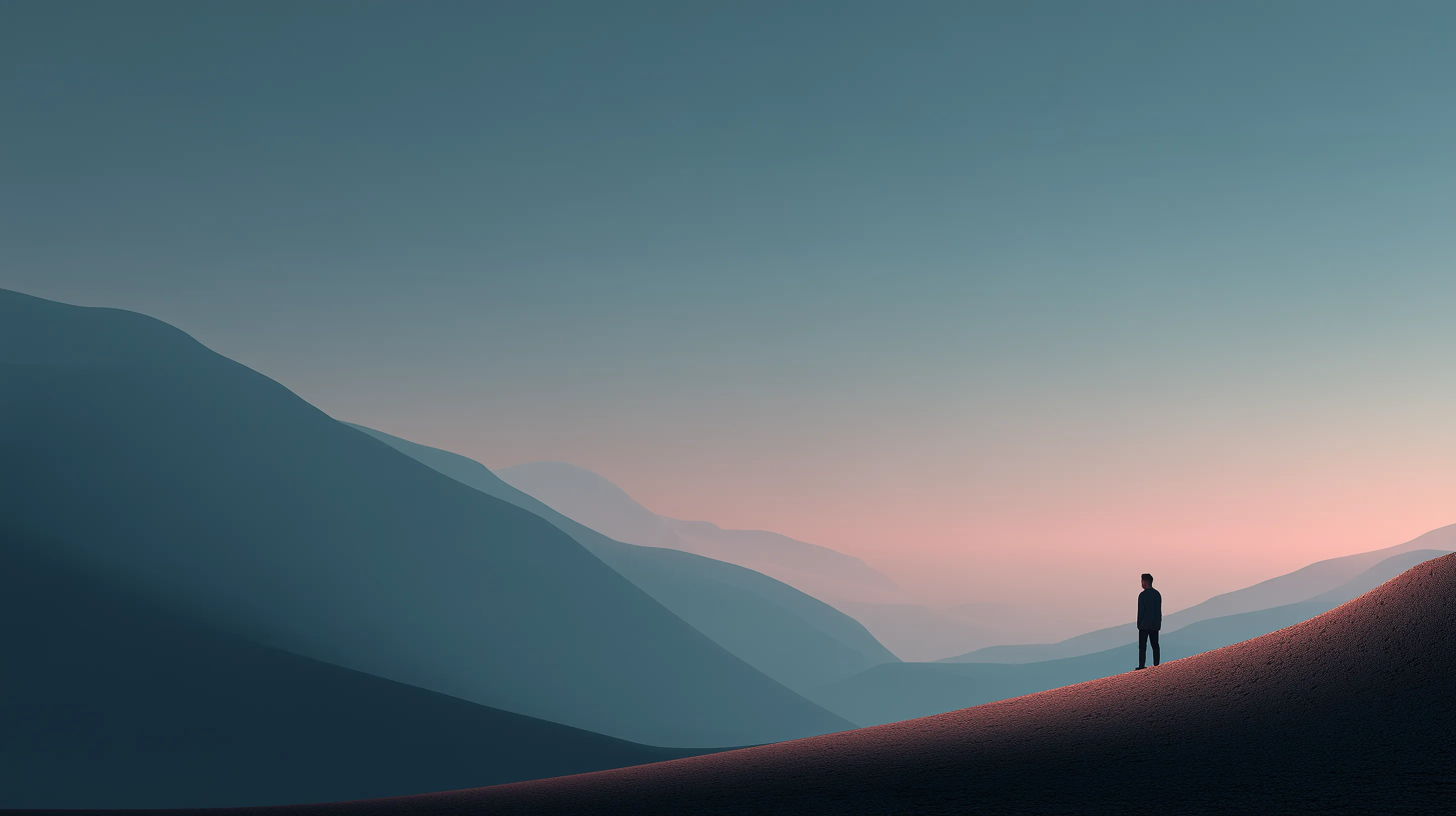 Solitary Figure in Misty Mountain Landscape