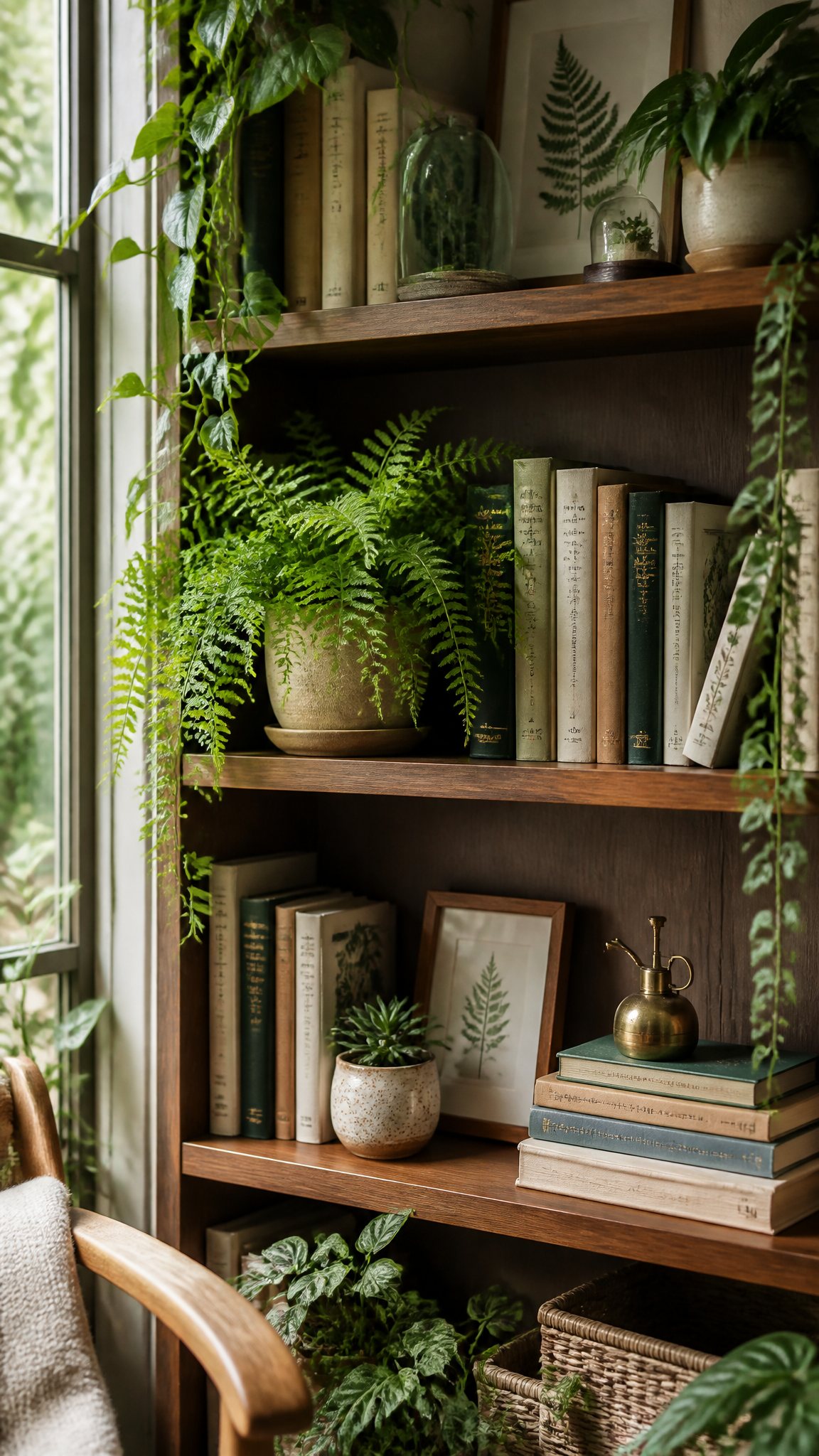 Botanical bookshelf interior