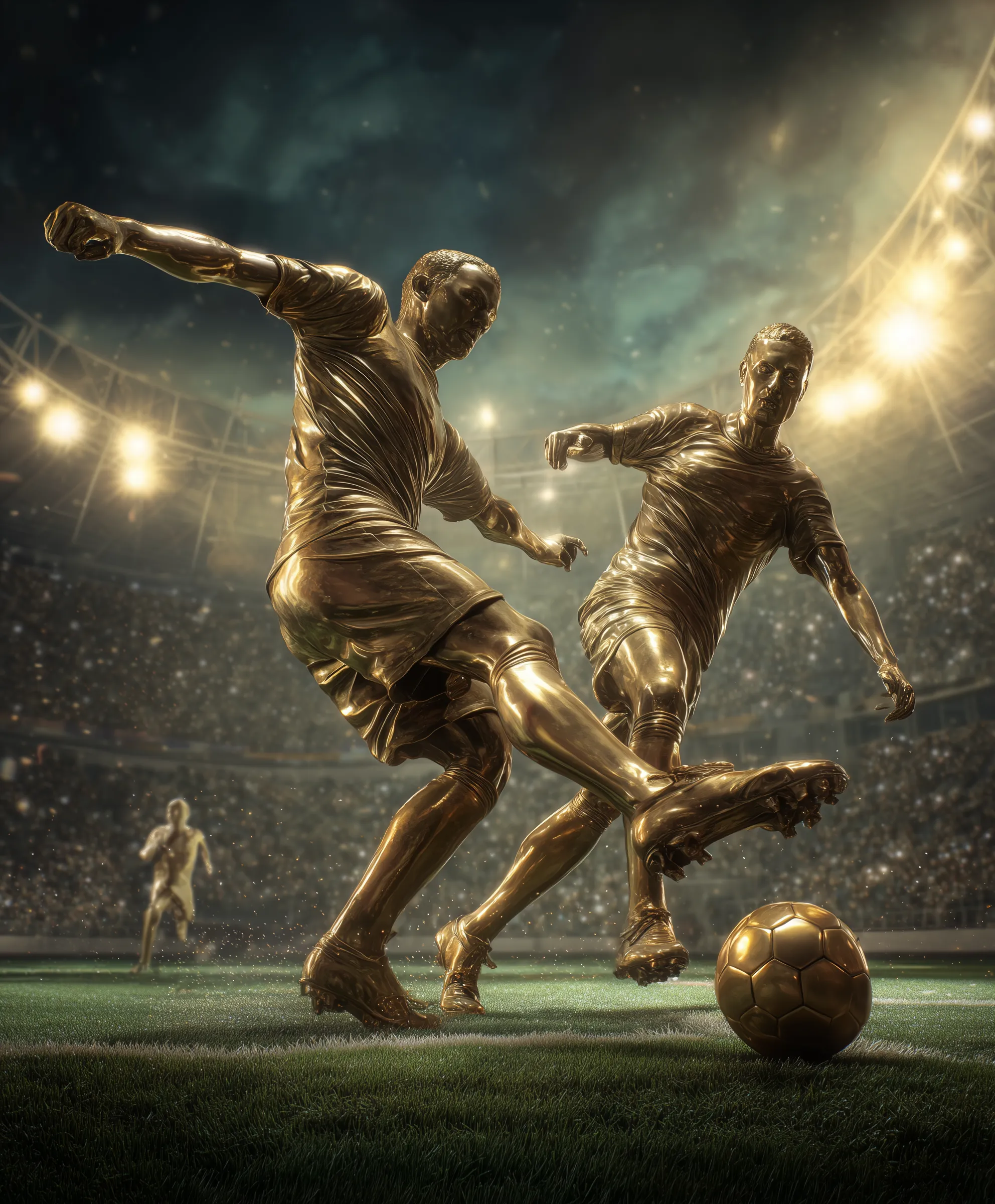 Golden Soccer Statues in Action