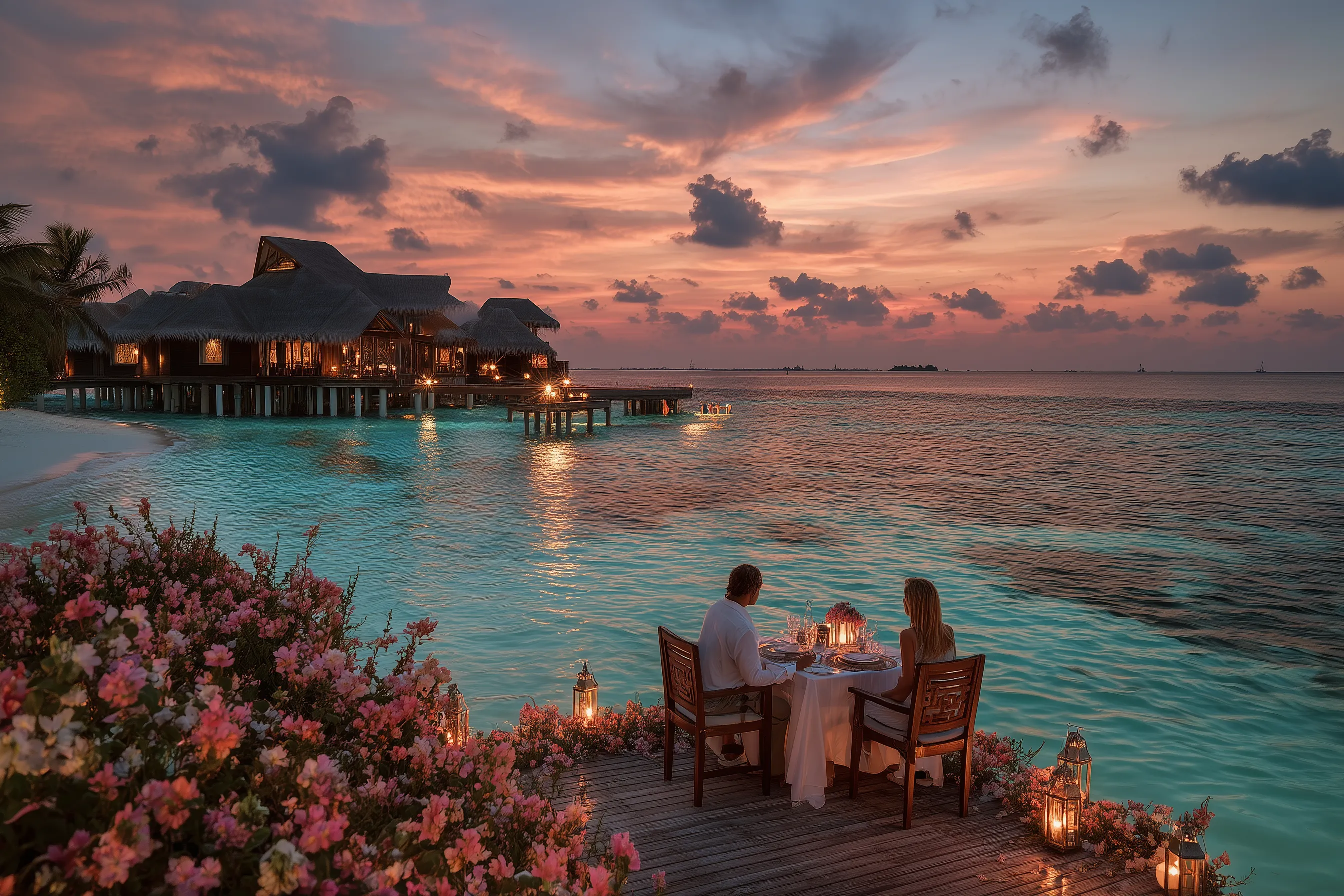 Romantic sunset dinner over tropical lagoon
