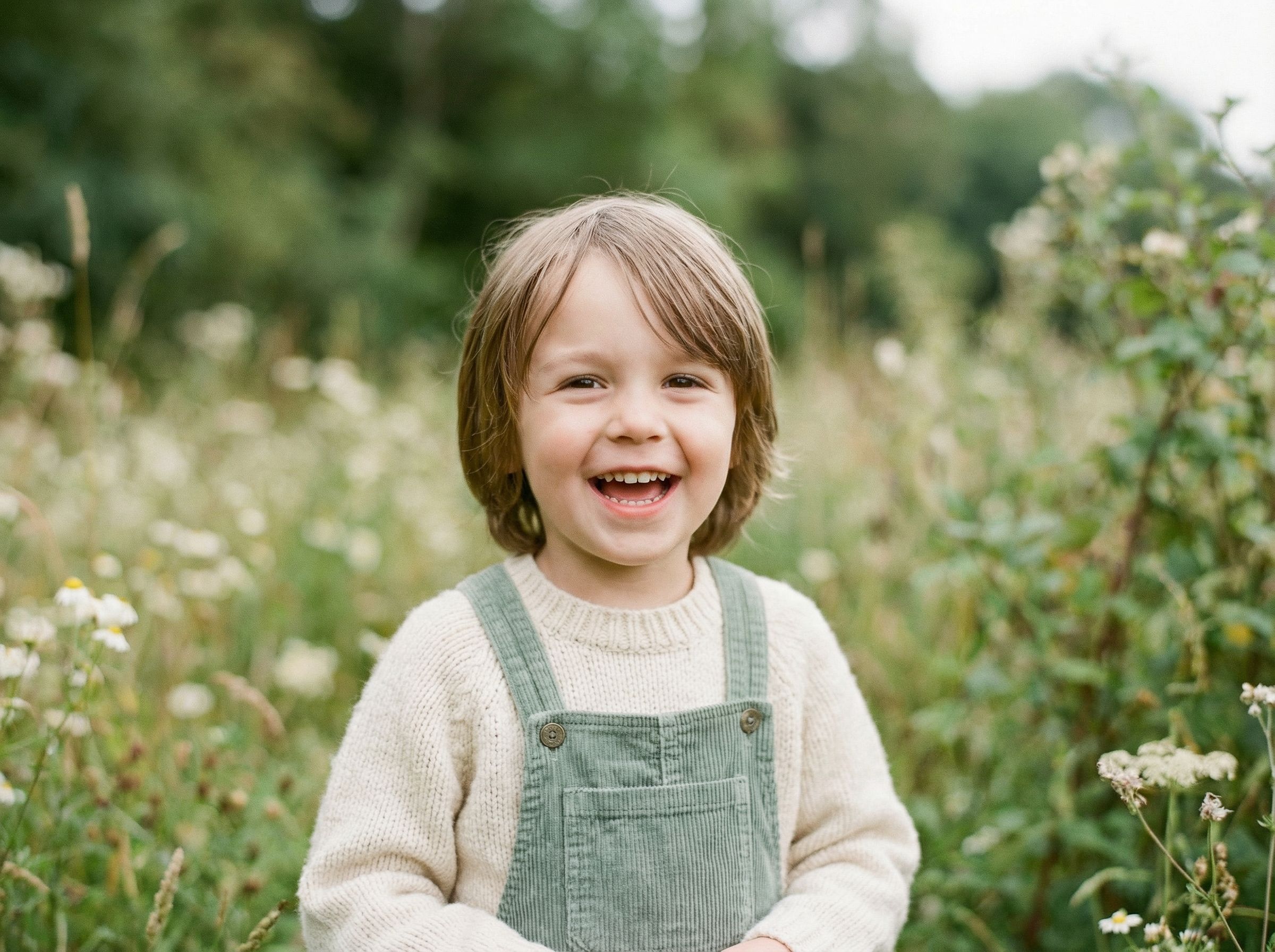 Smiling child in green overalls outdoors