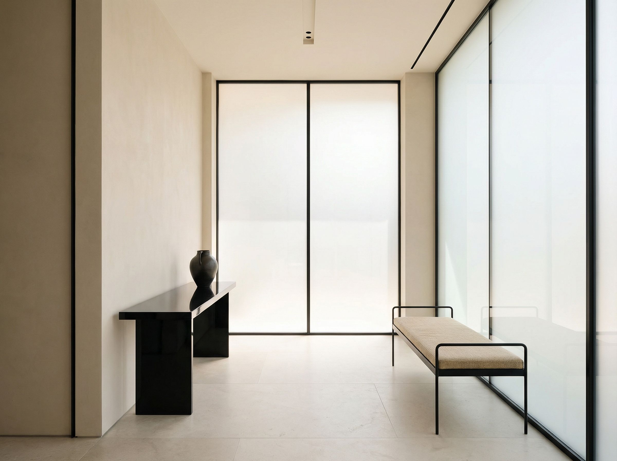 Minimalist hallway with bench and console