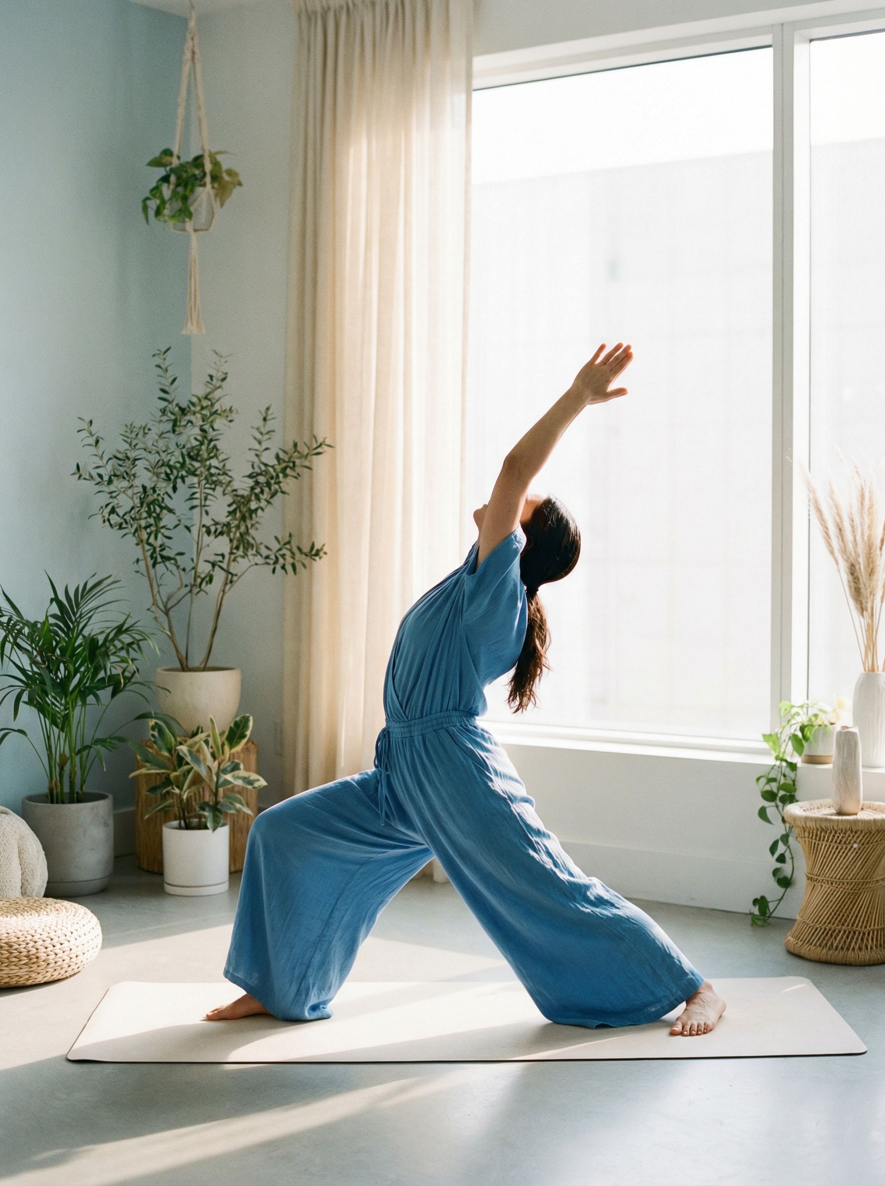 Woman practicing yoga in bright minimalist room