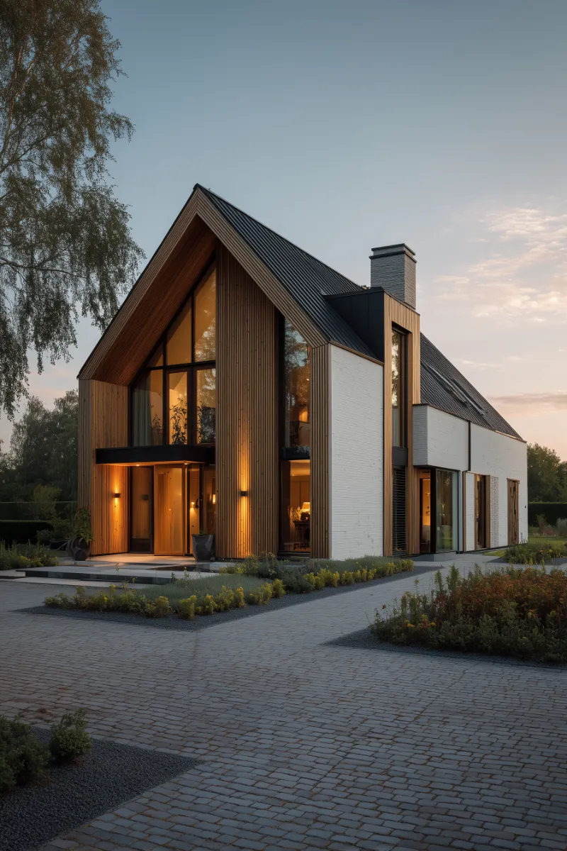 Modern gabled house at dusk with wood and white brick