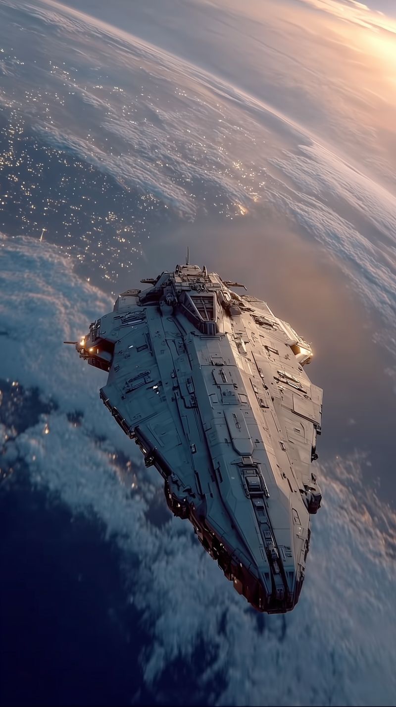 Futuristic starship over Earth at dawn