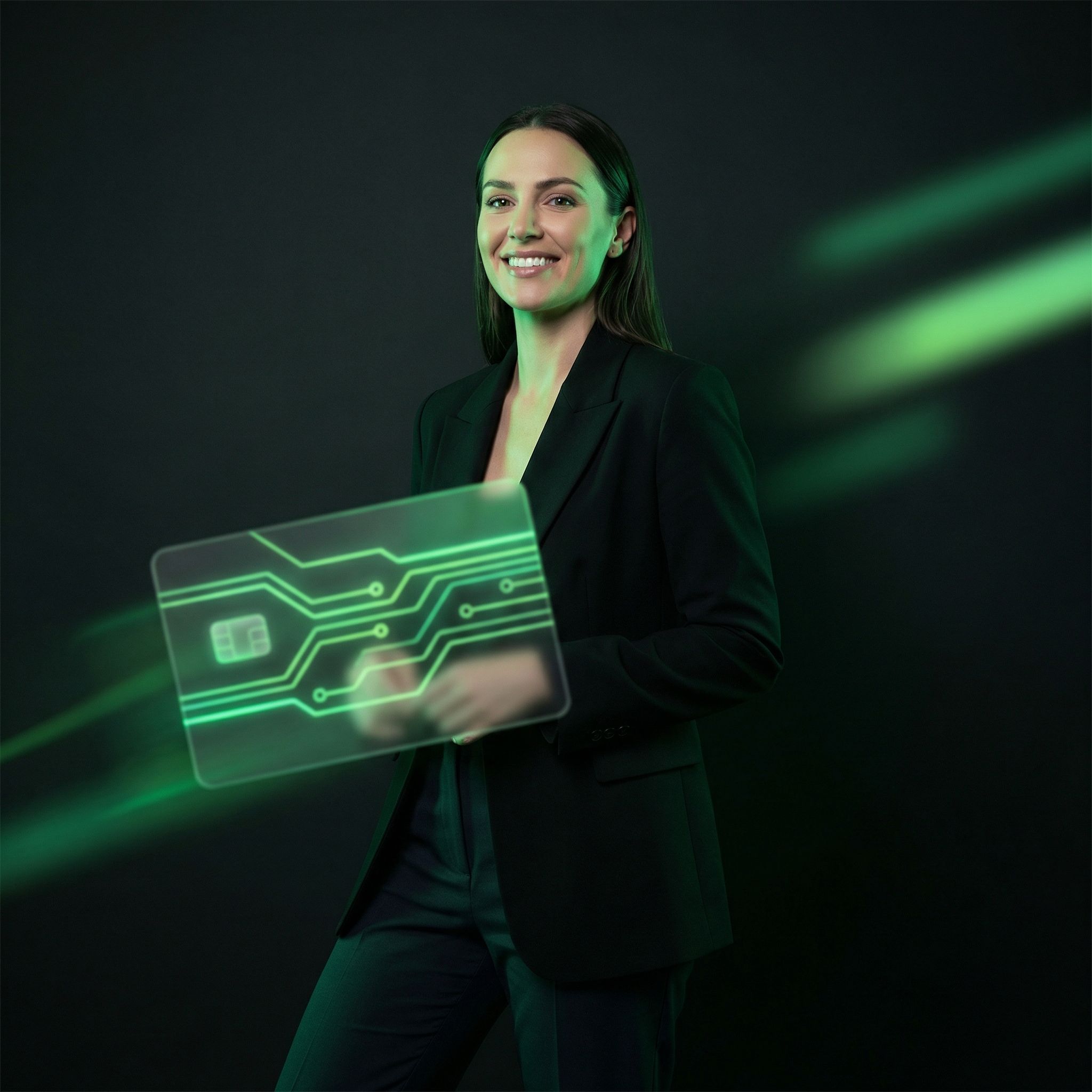 Businesswoman with futuristic digital card