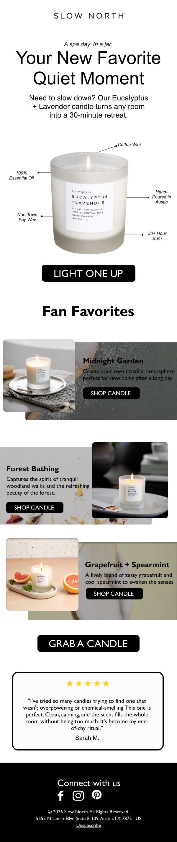 Slow North Eucalyptus and Lavender Candle Promotional Email