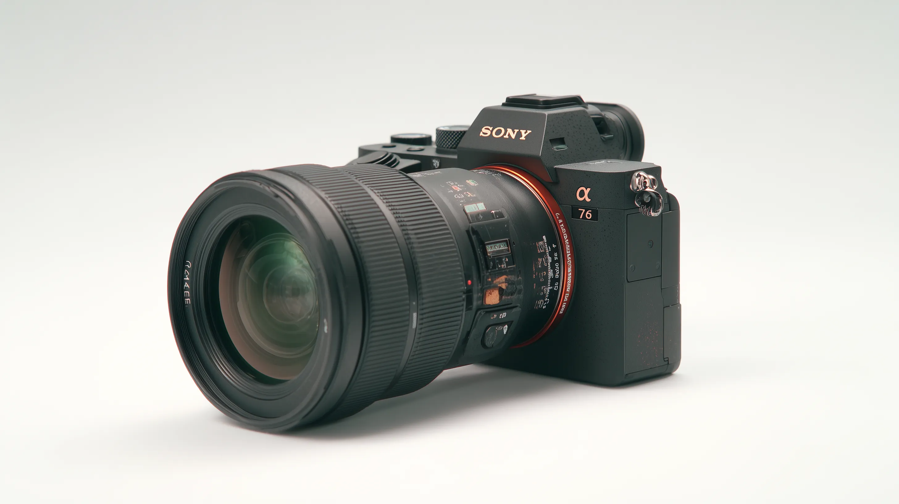 Mirrorless camera with zoom lens on white