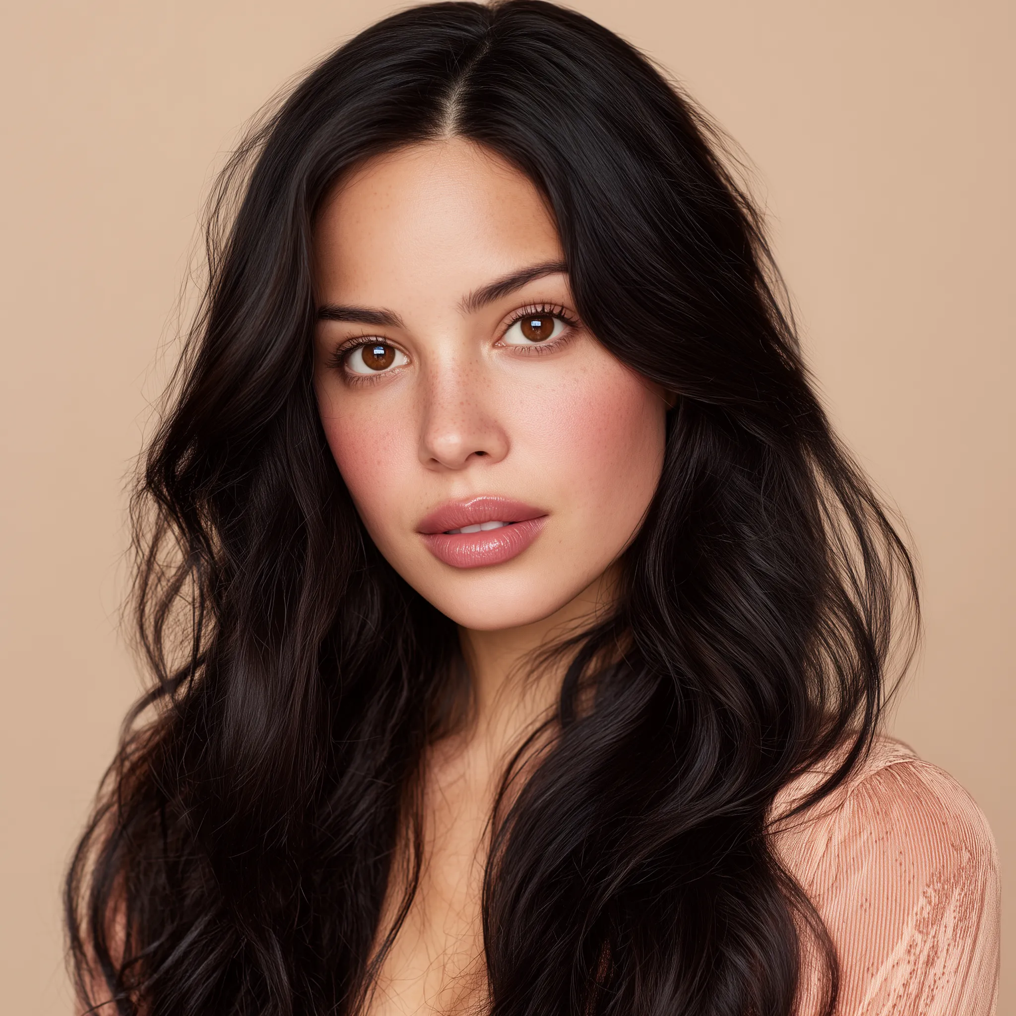 Portrait of woman with long dark wavy hair