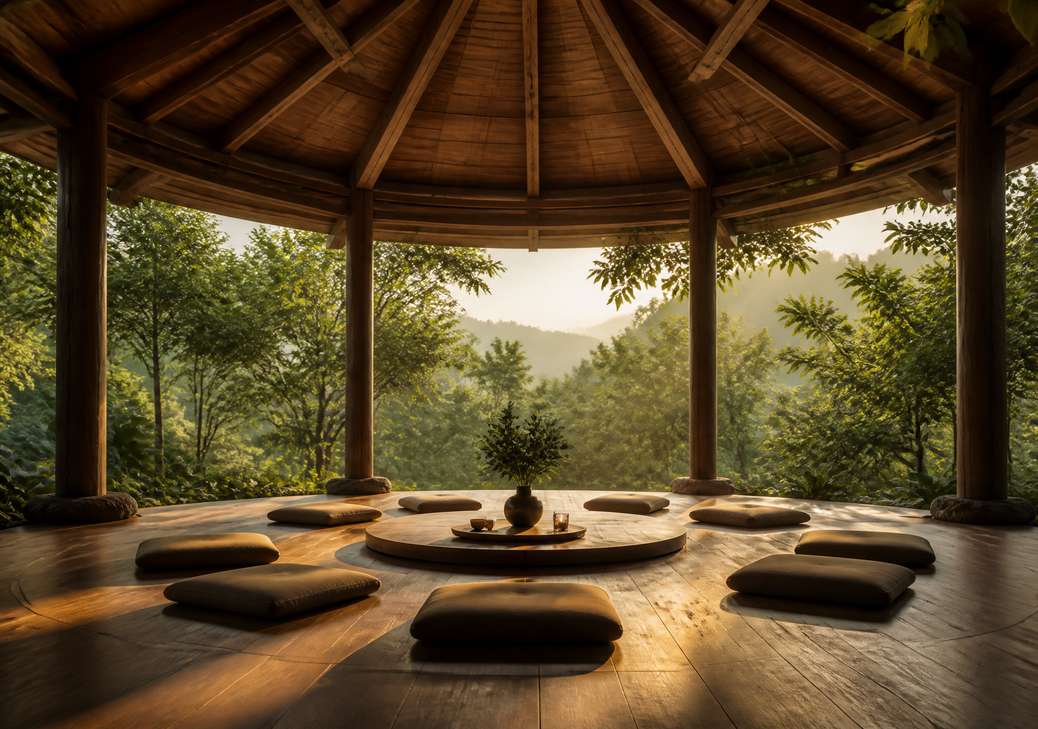 Serene Forest Meditation Pavilion at Sunset