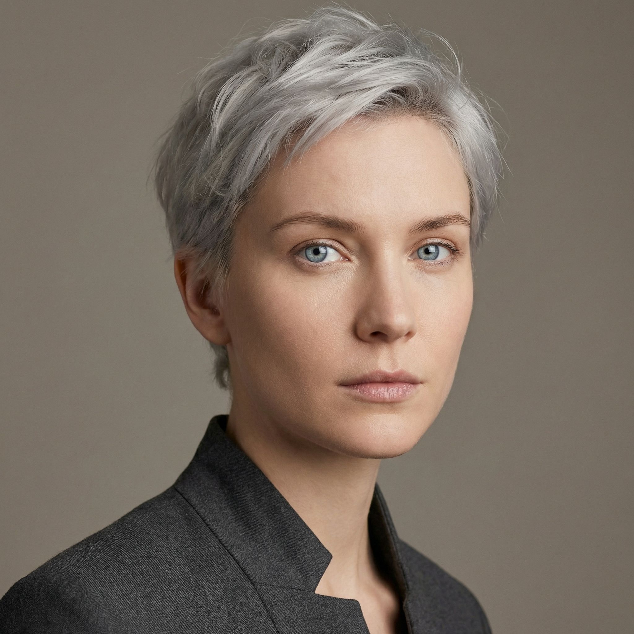 Professional portrait with short gray hair
