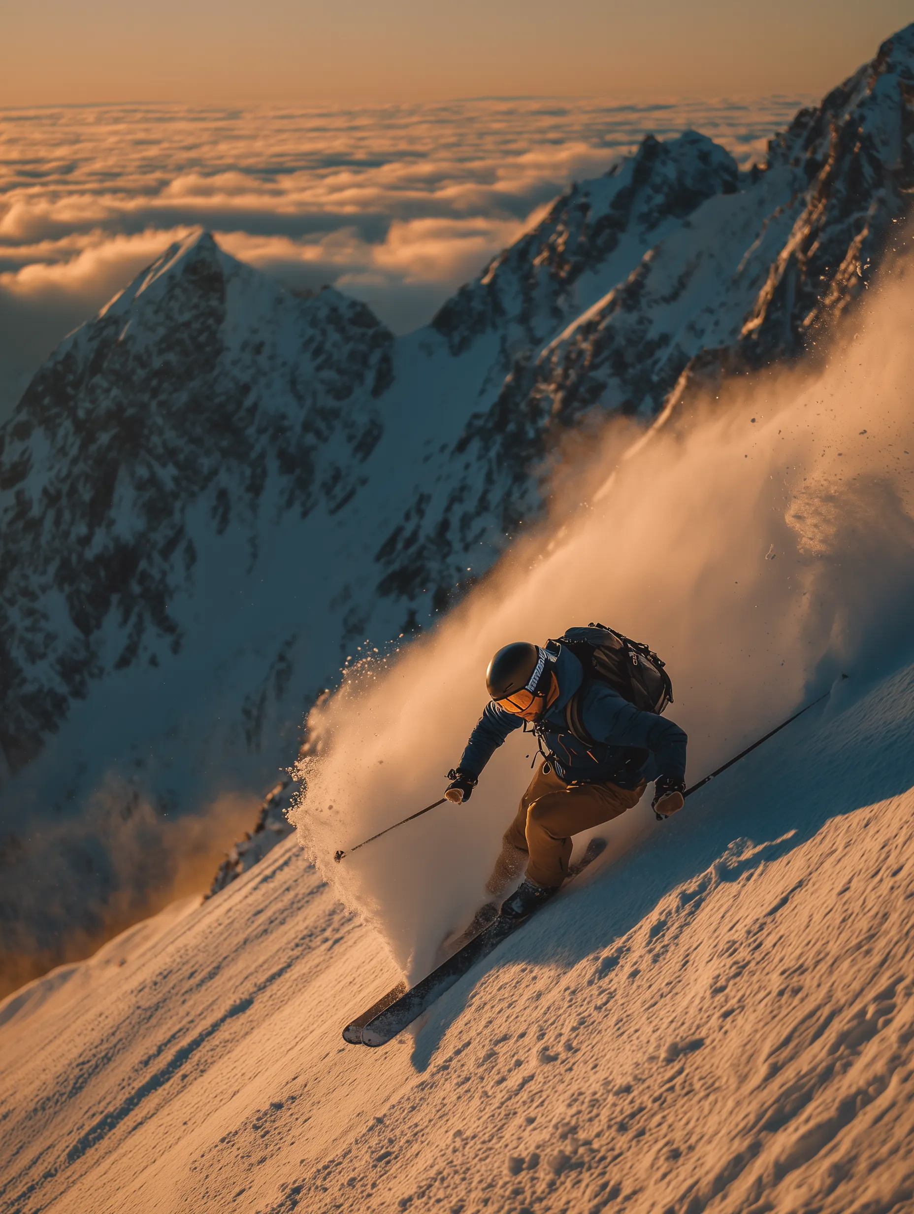 Skier carving powder on steep mountain at sunset