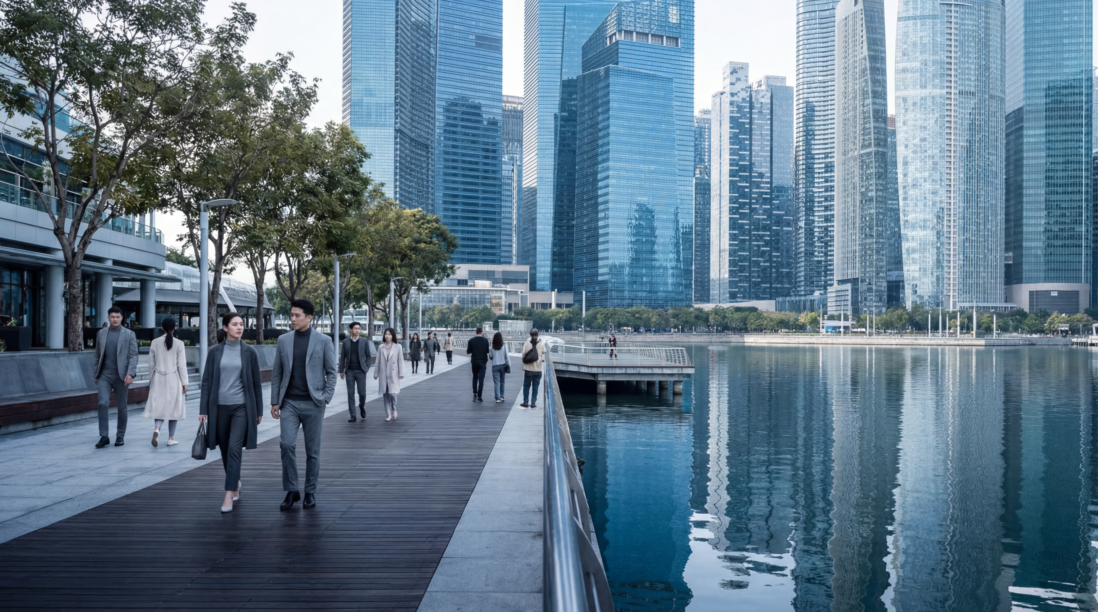 Business people walking on modern city waterfront