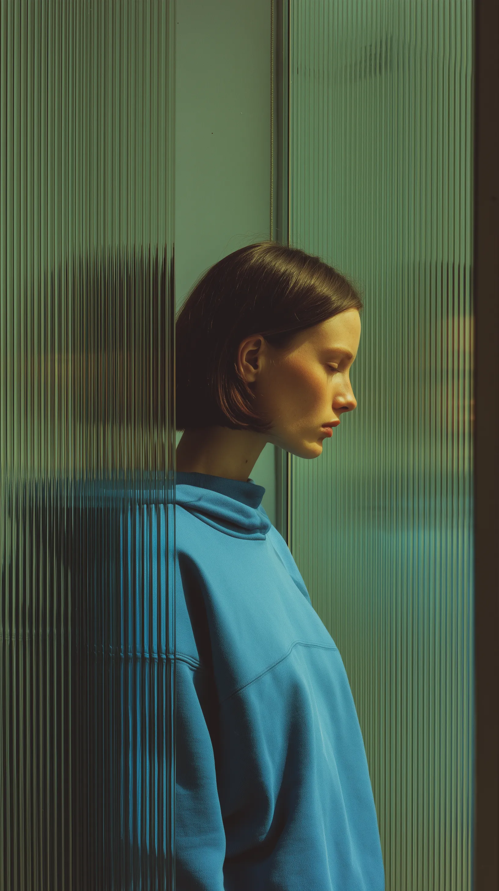 Woman in blue hoodie by textured glass wall