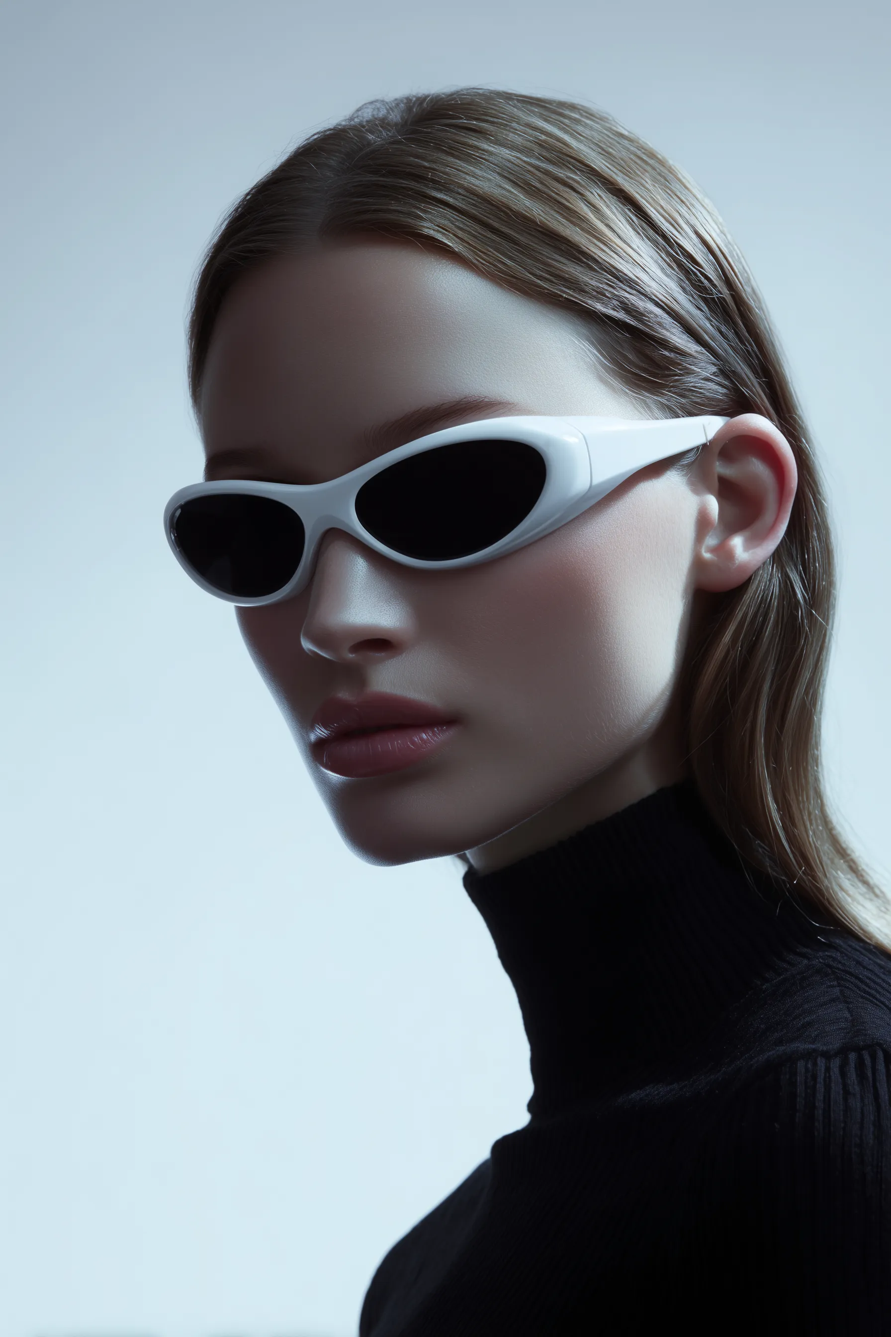 Minimalist portrait with white futuristic sunglasses