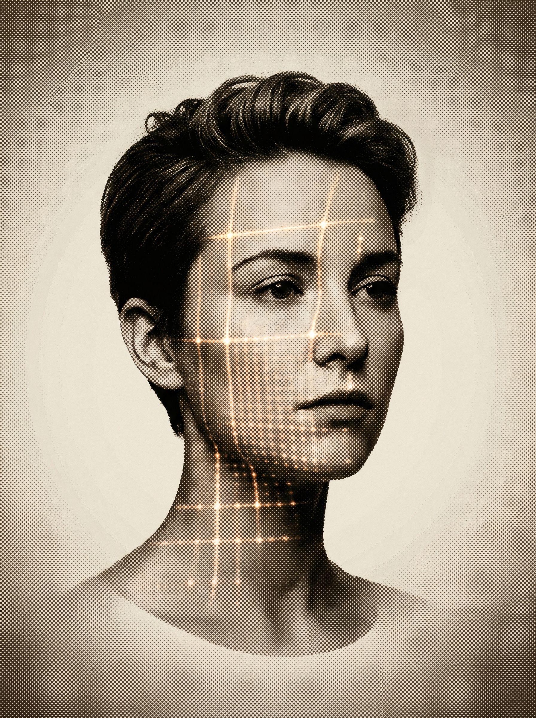Halftone portrait with facial scan grid