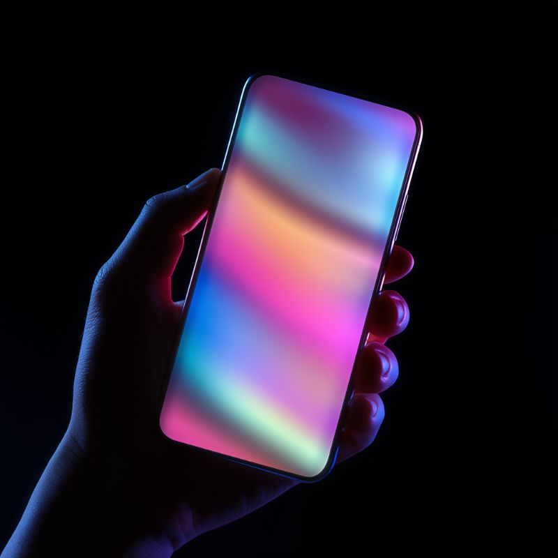 Hand holding smartphone with neon gradient screen